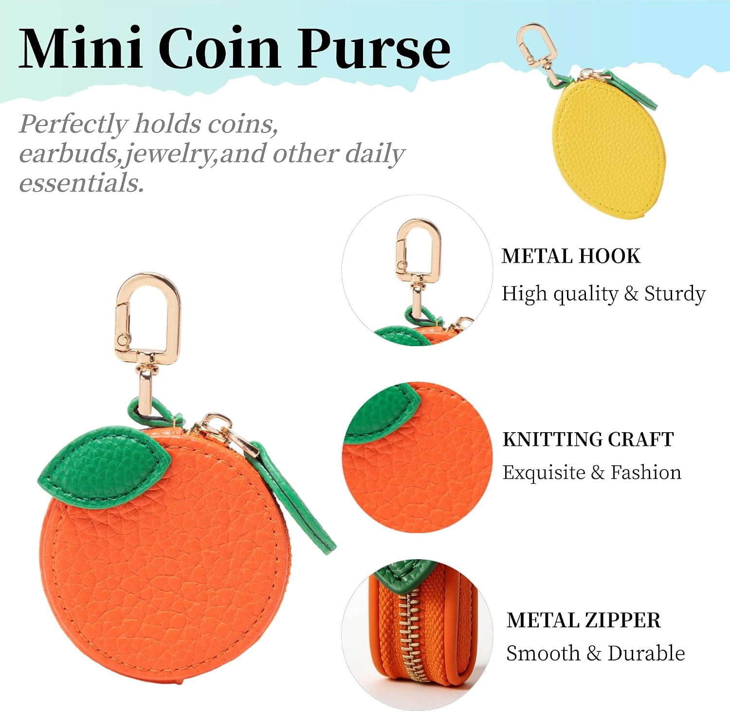 2PCS Orange Purse Charms Mini Leather Coin Change Fruit Keychain image 4