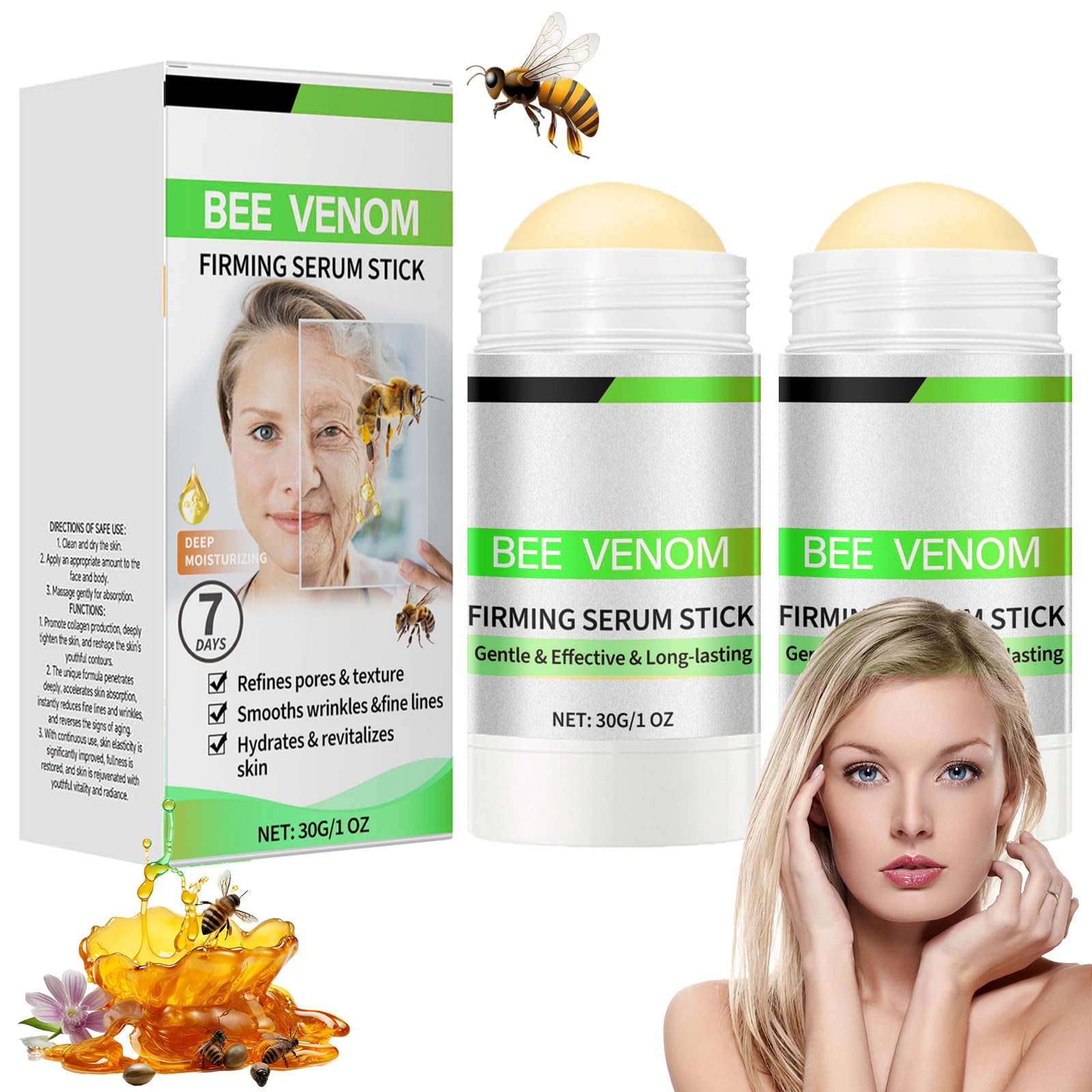 Bee Venom Firming Serum Stick, Anti-Aging Face Cream, Lifting & Restoring Skin Elasticity, Lifts and Tightens the Skin, Hydrating, Bee Venom Body Tightening Cream for Women & Men, 2PCS