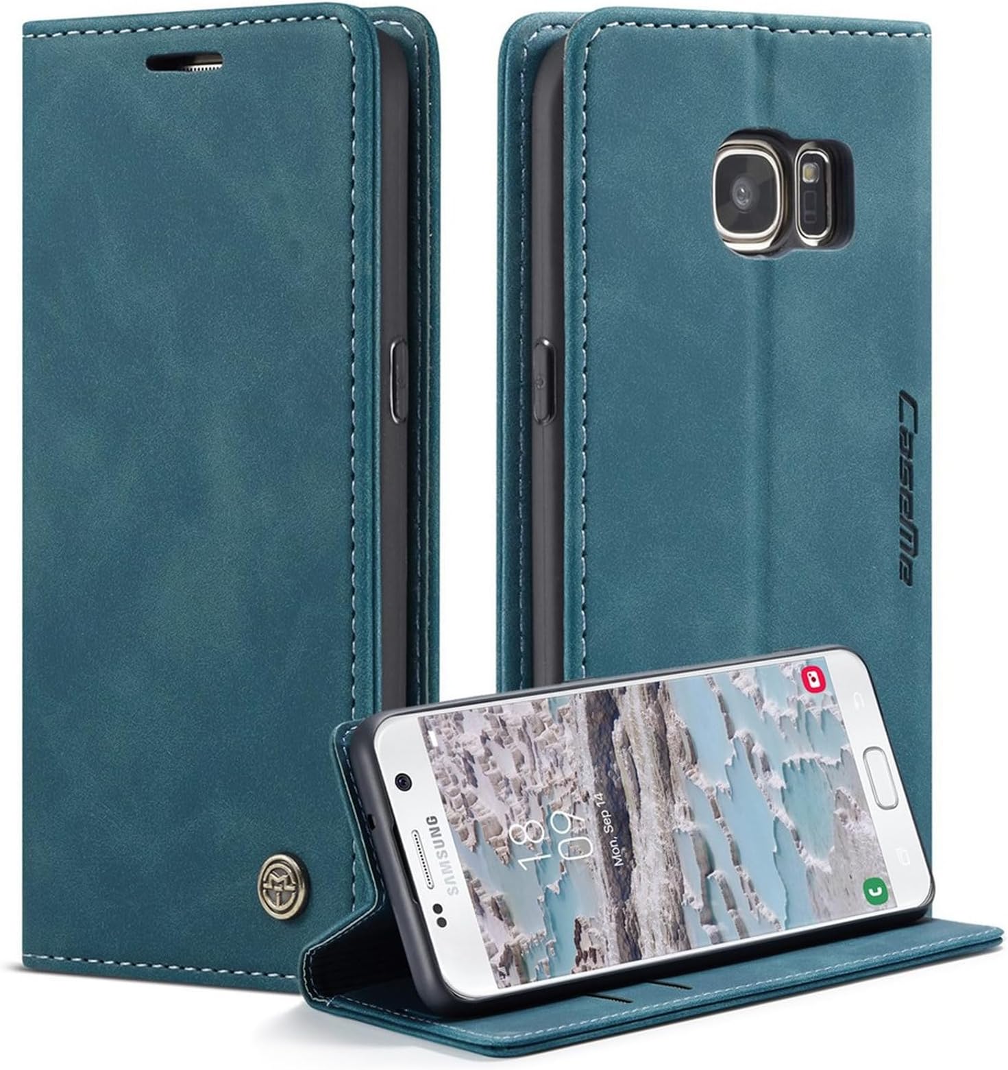 Auto-absorbed Leather Wallet Phone Shell For Samsung Galaxy S7 SM-G930 - Blue Green