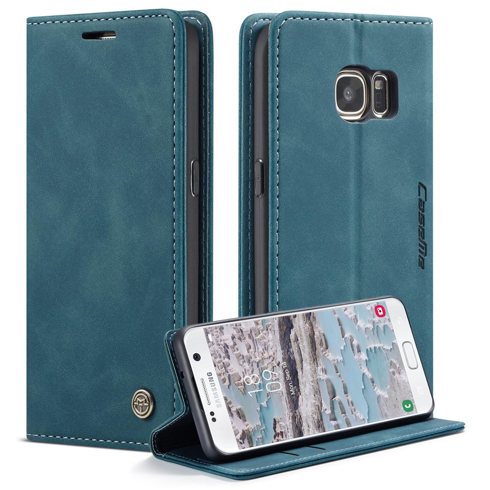 Auto-absorbed Leather Wallet Phone Shell For Samsung Galaxy S7 SM-G930 - Blue Green