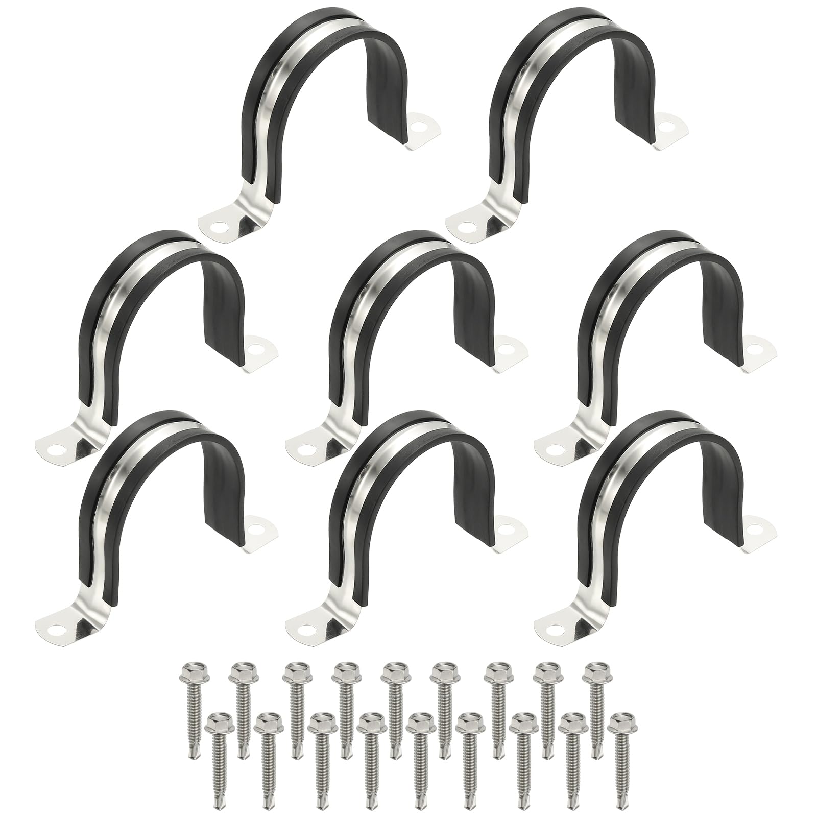 PATIKIL 8Pcs Pipe Clamps, 2-3/8 Inch 304 Stainless Steel Rubber Cushioned U Bracket Conduit Clamps Pipe Strap Wire Clips with Hexagonal Screw for Tube Hose Cord Installation, 60mm