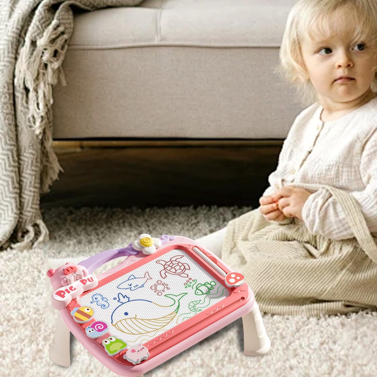Magnetisches Schreibbrett für Kinder, magnetisches Zeichenbrett | Cartoon Doodle Zeichenbrett Skizzenblock mit 2 Stiften | Pädagogische Zeichen-Tafel mit 4 Stempeln, Spielzeug für frühes Lern