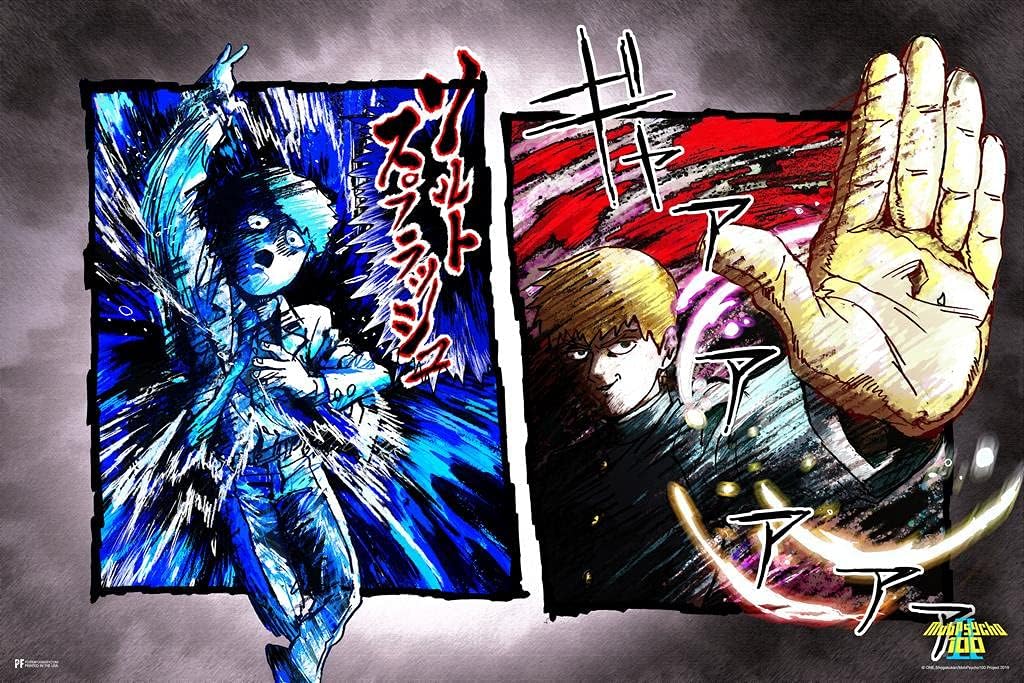 Mob Psycho 100 Poster Mob Reigen Blue and Red Crunchyroll Japanese Anime Merchandise Webtoon Manga Series Anime Streaming Poster Merch Anime Bedroom
