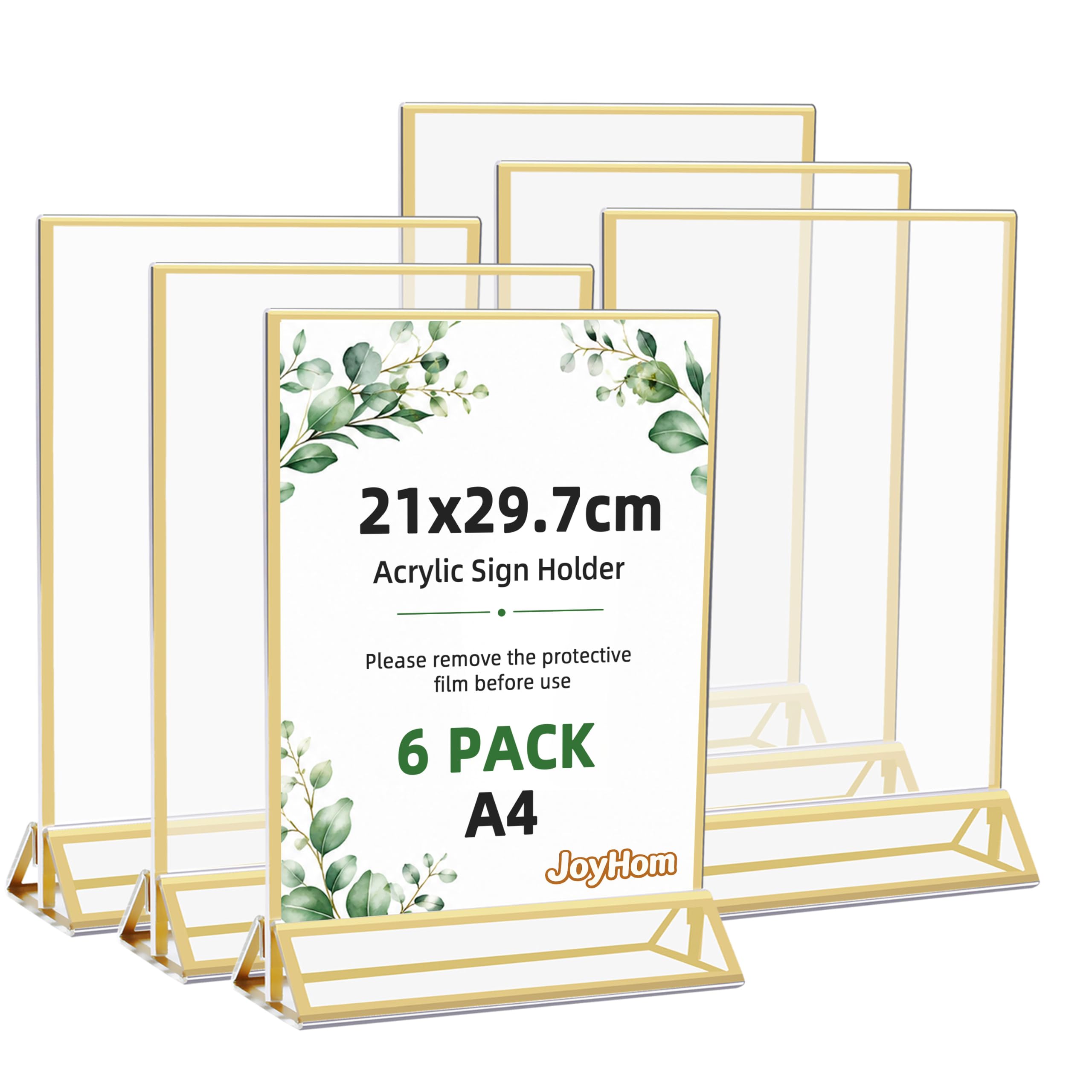 JoyHom A4 Acrylic Sign Holder with Gold Borders, Double Sided Gold Picture Frame, Upright Double Sided Acrylic Display Stand for Wedding Table Numbers Stores, Restaurants, Hotels, Office, 6 Pack