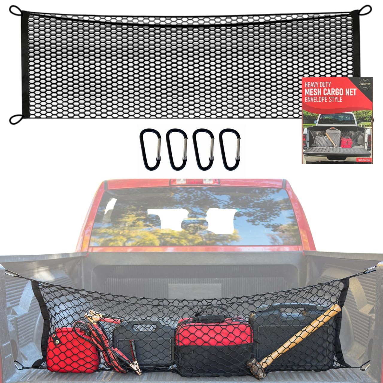 Truck Bed Cargo Net - 50"x18" - Envelope Style Truck Bed Organizer and Divider- Heavy Duty Pickup and SUV Storage for Groceries, Bags, Tools, Boxes, Accessories - 4 Metal Carabiners and Storage Bag