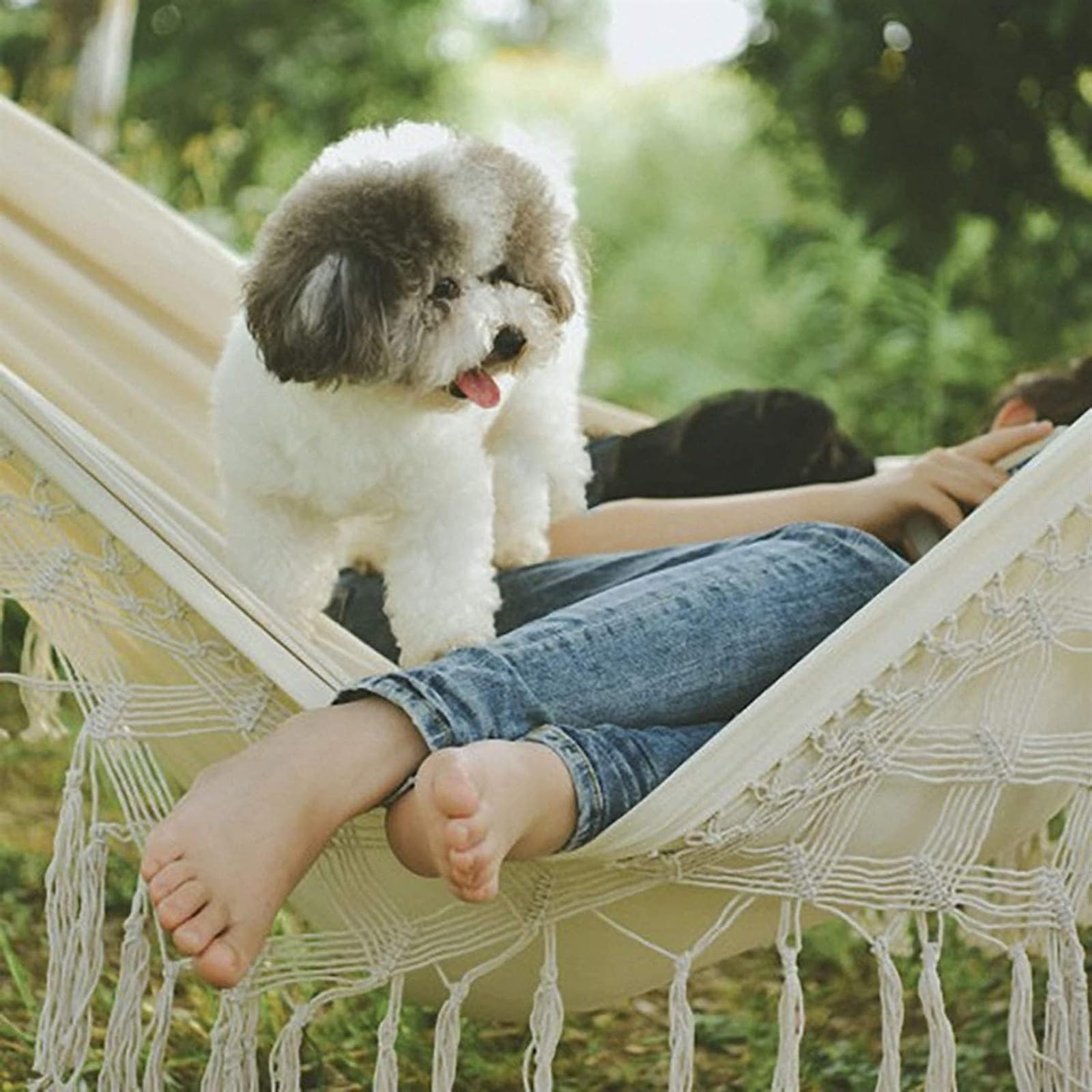 Hamak Ultralekki, Hammock 200x150 Cm Hamak Z Frędzlami Lina Huśtawka Płótno Solidna Smycz Fotel Bujany Na Zewnątrz Kryty Ogród na Kemping, na Zewnątrz(Black)