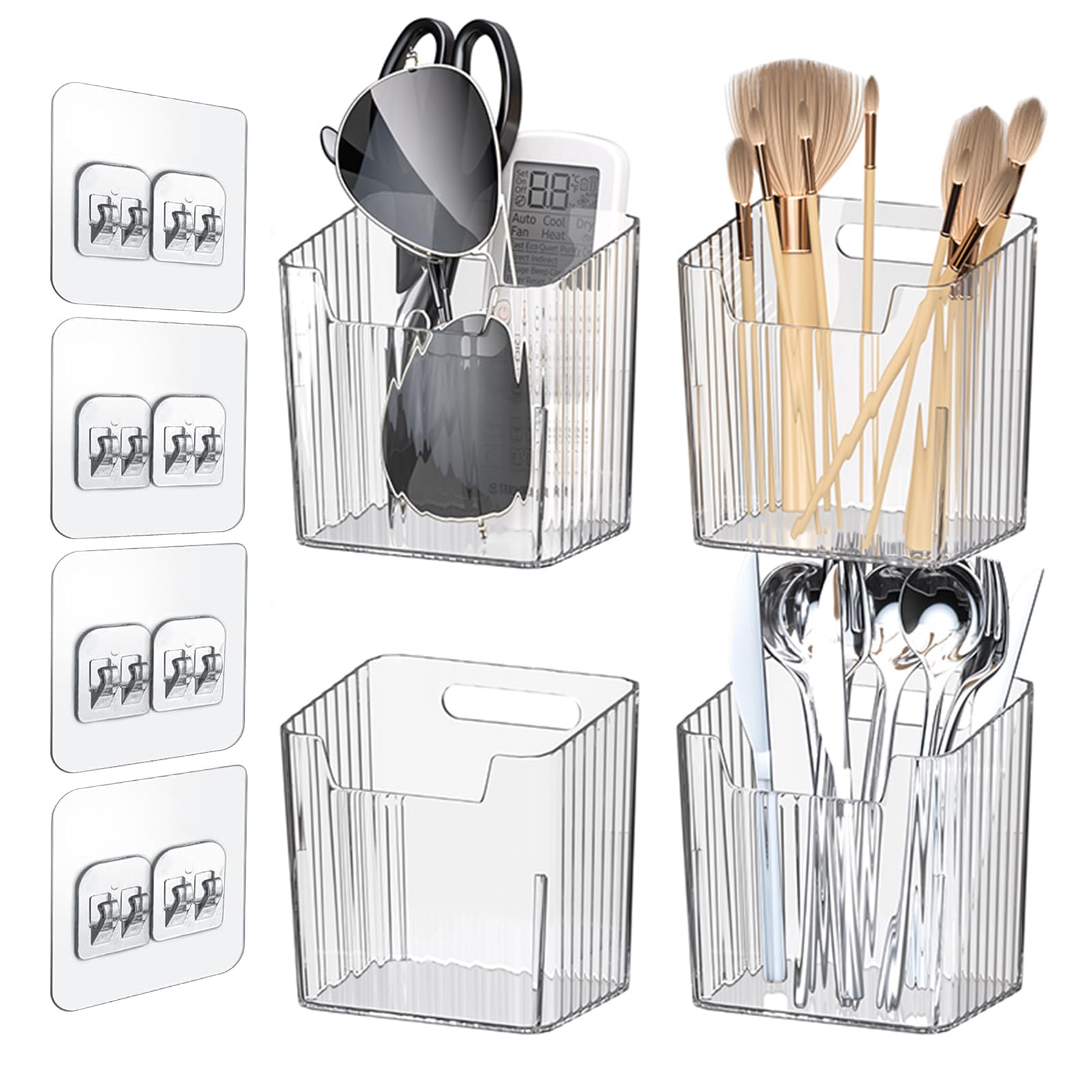 4 Pack Wall Organizers and Storage - Clear Acrylic Cabinet Door Organizer Bins, Adhesive Remote Control Holder, Space-Saving Stackable Wall Storage