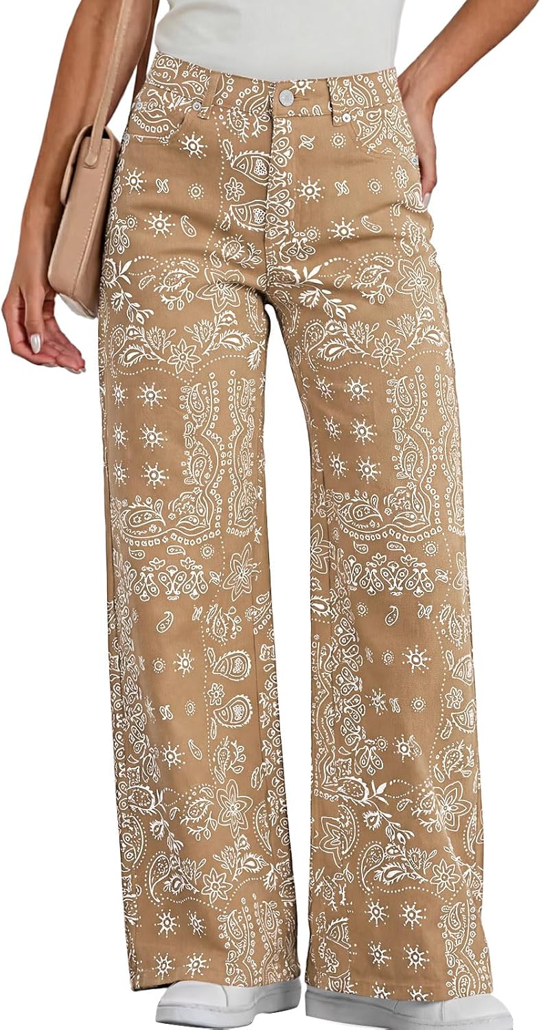 Tankaneo Womens Baggy Wide Leg Jeans Floral Print Boho High Waist Vintage Boyfriend Denim Pants with Pockets