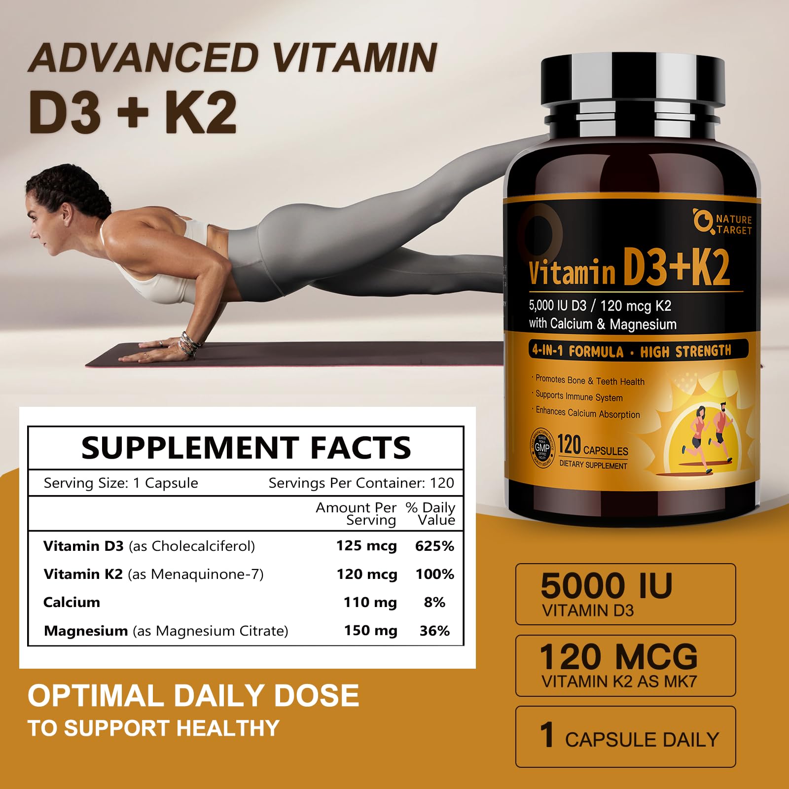 NATURE TARGET Vitamin D3 K2 with Calcium & Magnesium, 120 Count — Amazon image 2