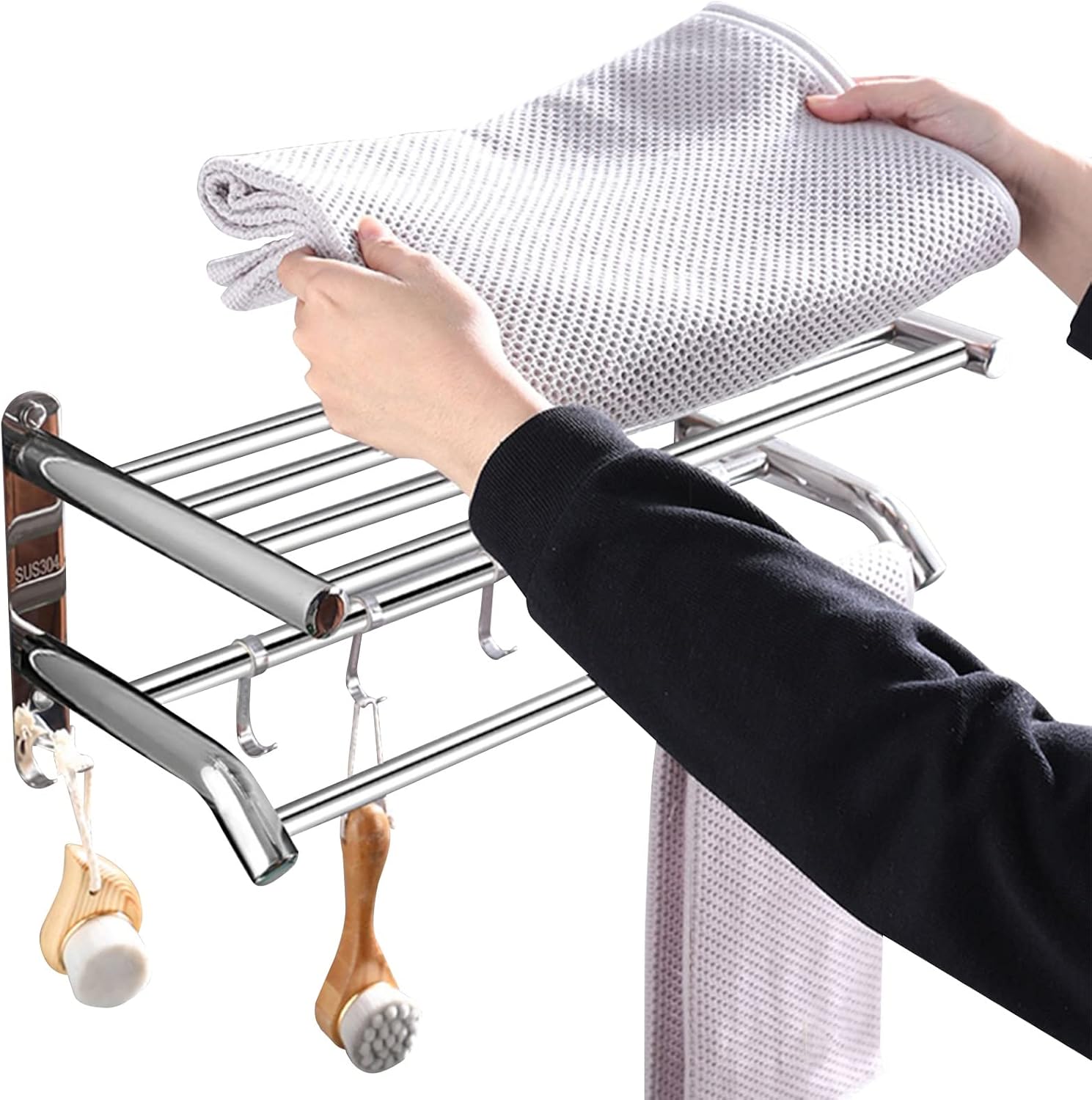 Stainless Steel Towel Shelf Rack 40cm 50cm 60cm Towel Rails Wall Mounted, Polished Metal Silver/Chrome Towel Holders for Bathrooms & Towel Storage (Size : 15.7inch(40cm))