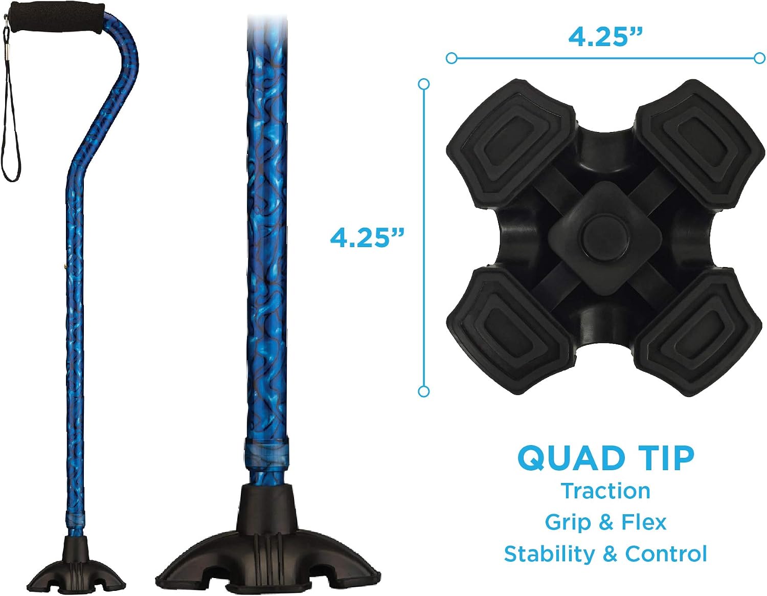 Best Cyber Monday 🔥 NOVA Medical Products Sugarcane, Walking Cane with All Terrain Rubber Quad Tip Base and Carrying Strap, Waves Design, Blue Rain