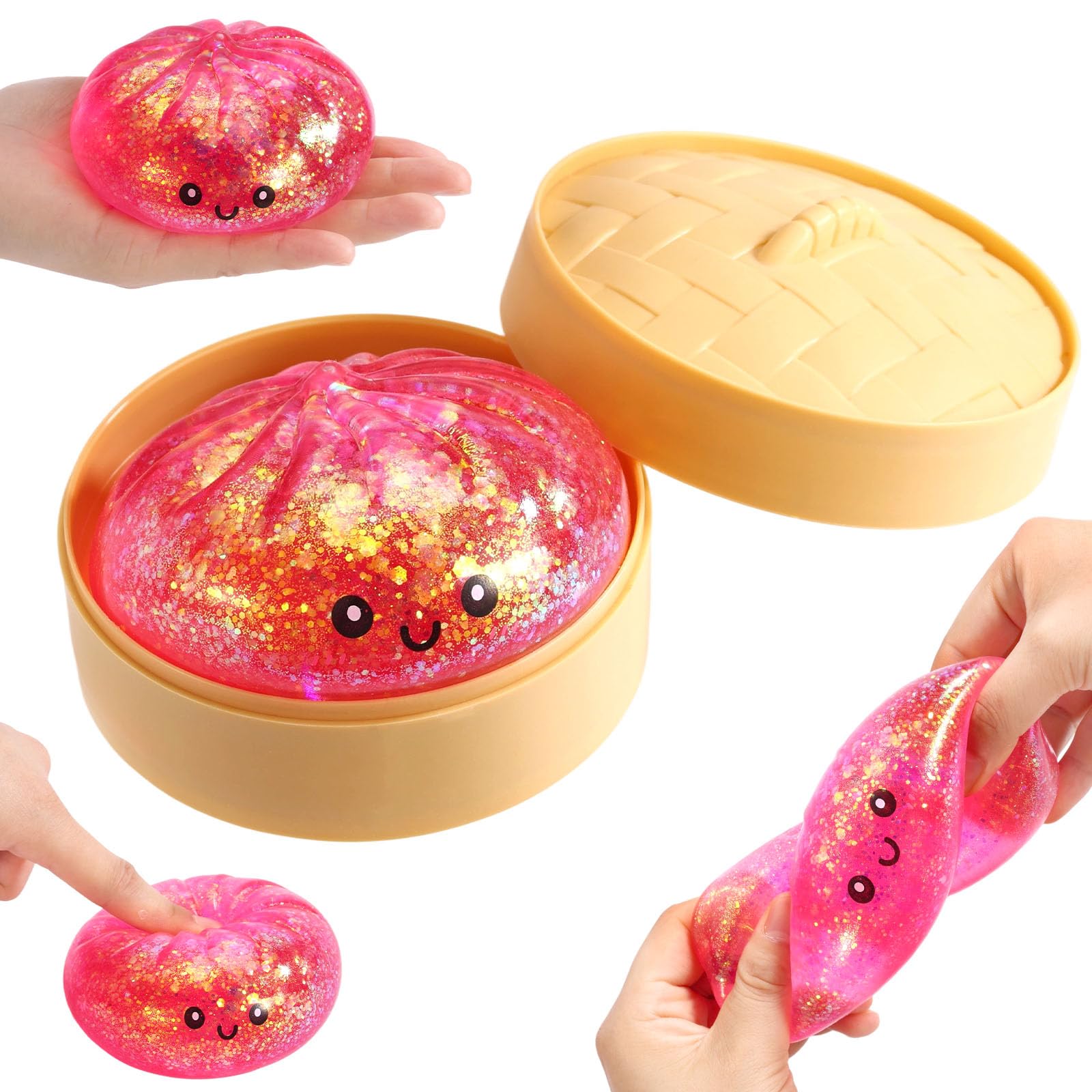 Giant Glitter Dumpling, Soft Adorable Dumpling Fidget Squishy Toys with Steamer Box for Adults Birthday Celebration Gift (Glitter Pink)