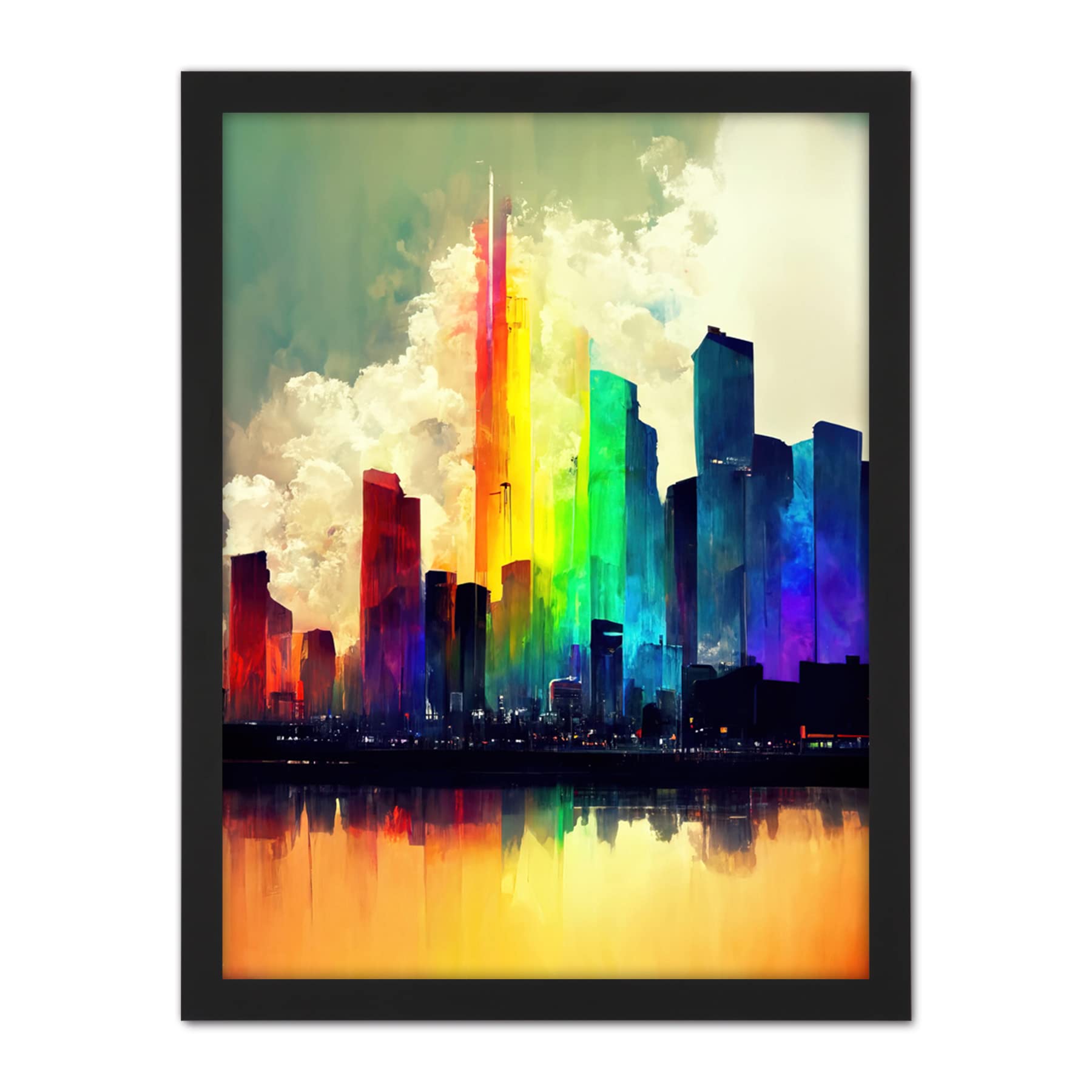 Doppelganger33 LTD Glass City of Rainbow Reflections Cityscape Artwork Framed Wall Art Print 18X24 inch