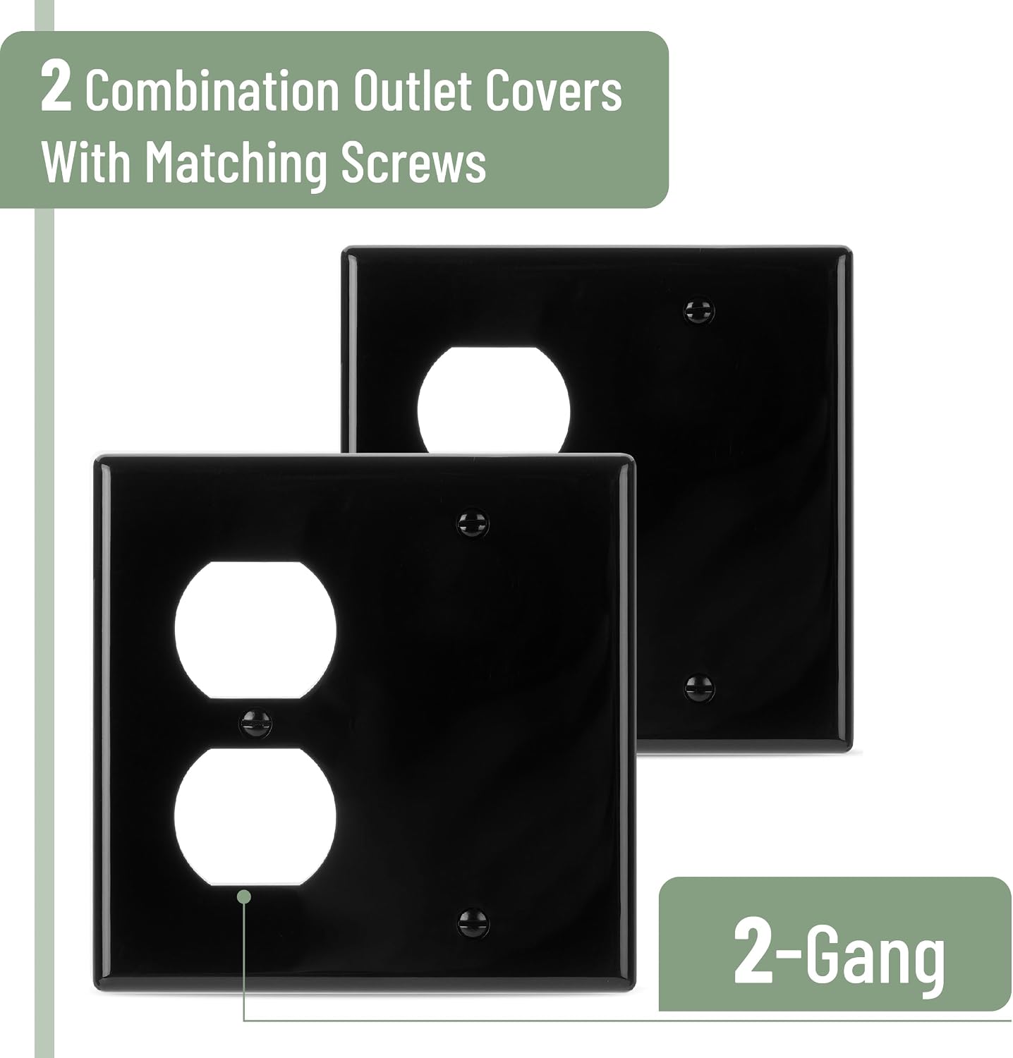 Bates- 2-Gang Combination Wall Plate, 2 Pack, 4.5" x 4.57", Black, 1 Duplex/1 Blank Standard Size with Matching Screws, 2 Gang Outlet Cover, Double Outlet Cover Plate image 2