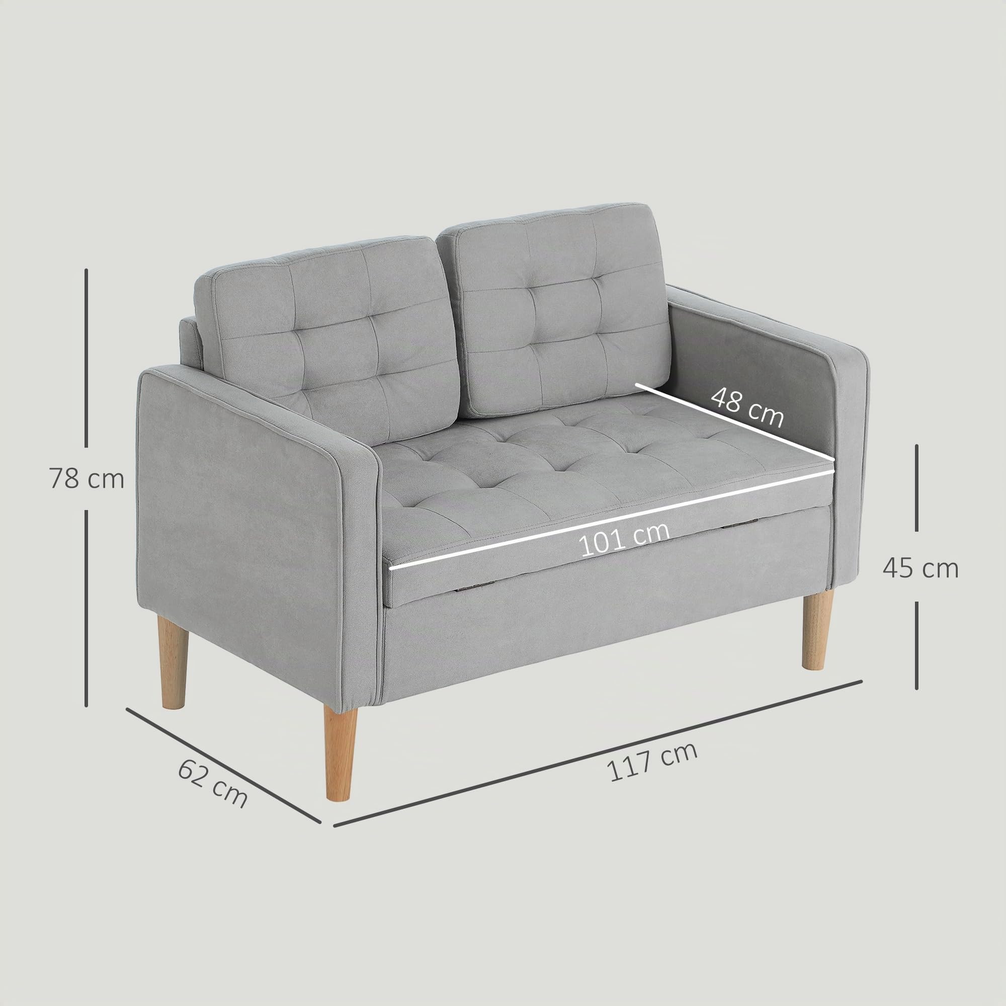 HOMCOM Divano 2 posti con contenitore, gambe in legno, grigio chiaro