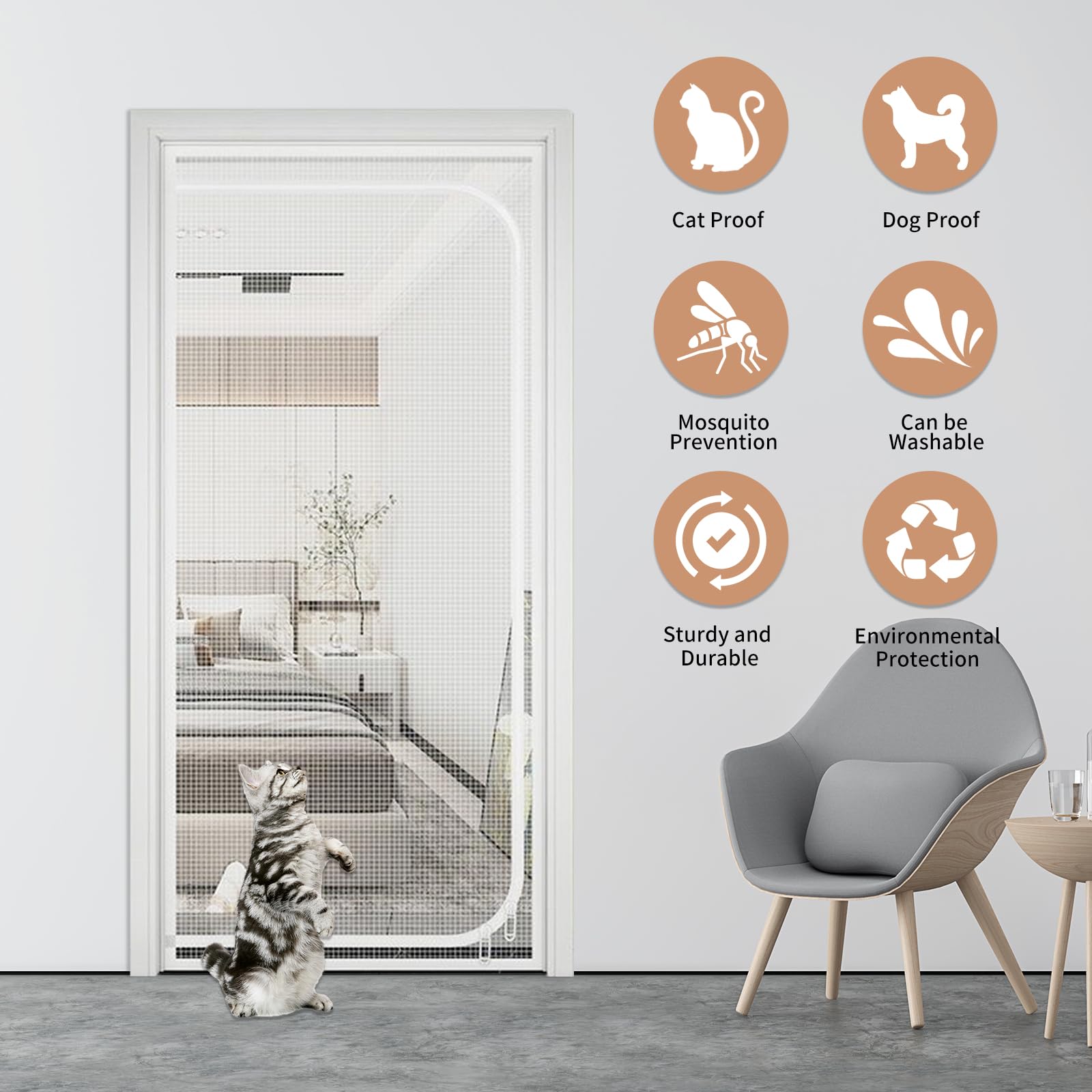 Griglia per porta del balcone, per cani ispessiti, con chiusura lampo, per evitare che il gatto fuoriesca, per soggiorno, camera da letto (bianco, 90 x 200 cm)