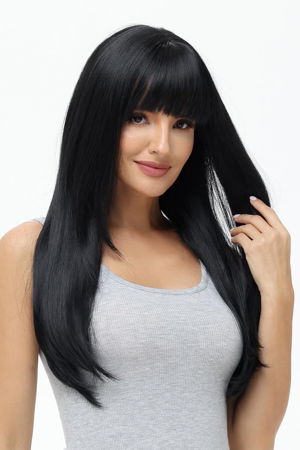 BUYOGET Long Wigs for Women with Fringe Adjustable Straight Synthetic Hair Wig Cosplay Daily Use Wigs 24 inch Natural Black - Image 2