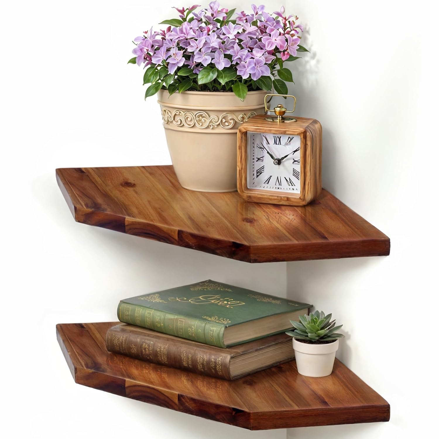 Solid Sheesham Wood Corner Floating Shelves Set of 2 | Wall Mounted Corner Shelf for Living Room, Bedroom, Bathroom & Kitchen | Rustic Wooden Display Storage Rack (Brown Finish)-image-11