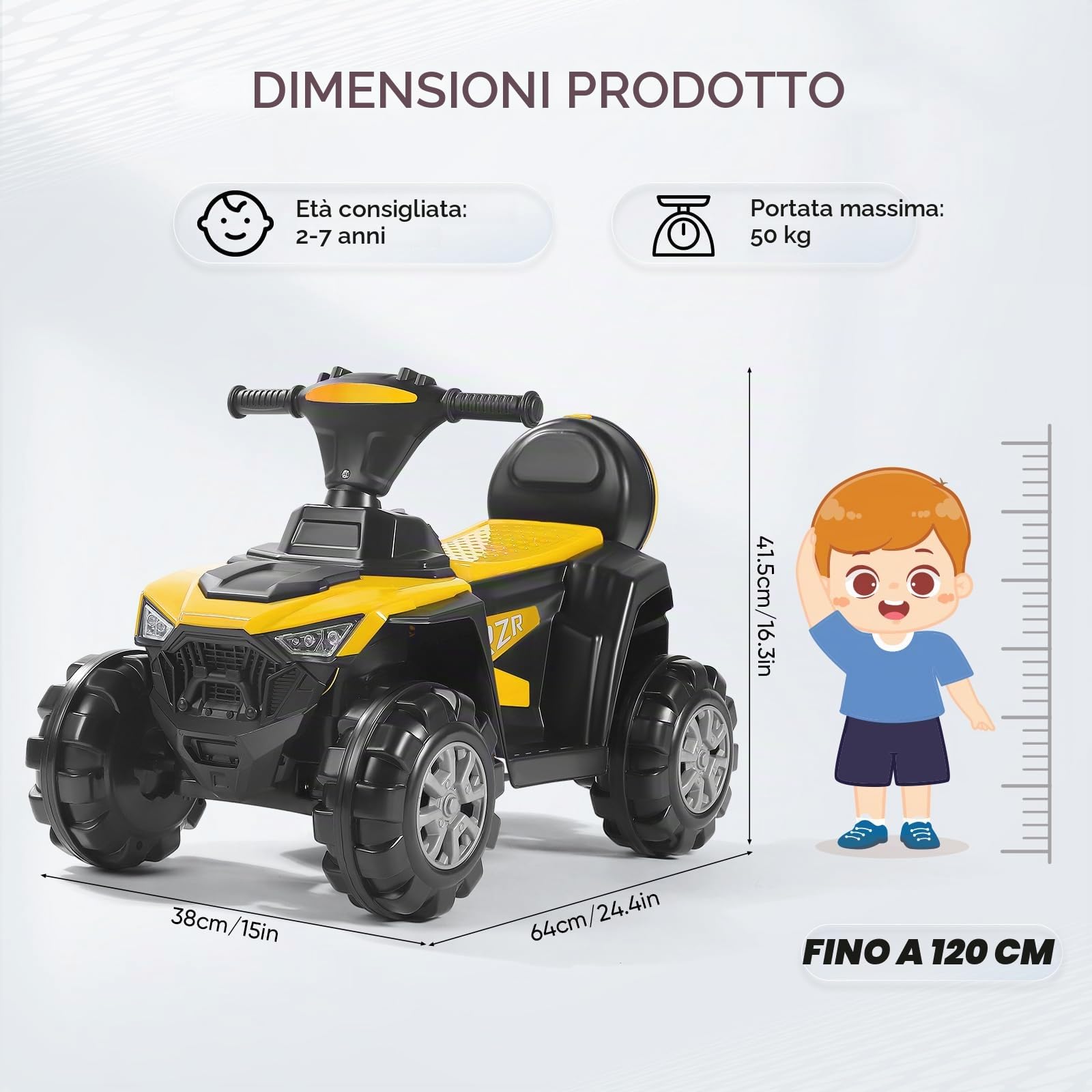 Quad Elettrico per Bambini 6V – Veicolo Cavalcabile Giallo con Musica e Vano Portaoggetti – Grandi Ruote Antiscivolo per la Stabilità – Autonomia 60 Minuti – Carico Massimo 50 kg