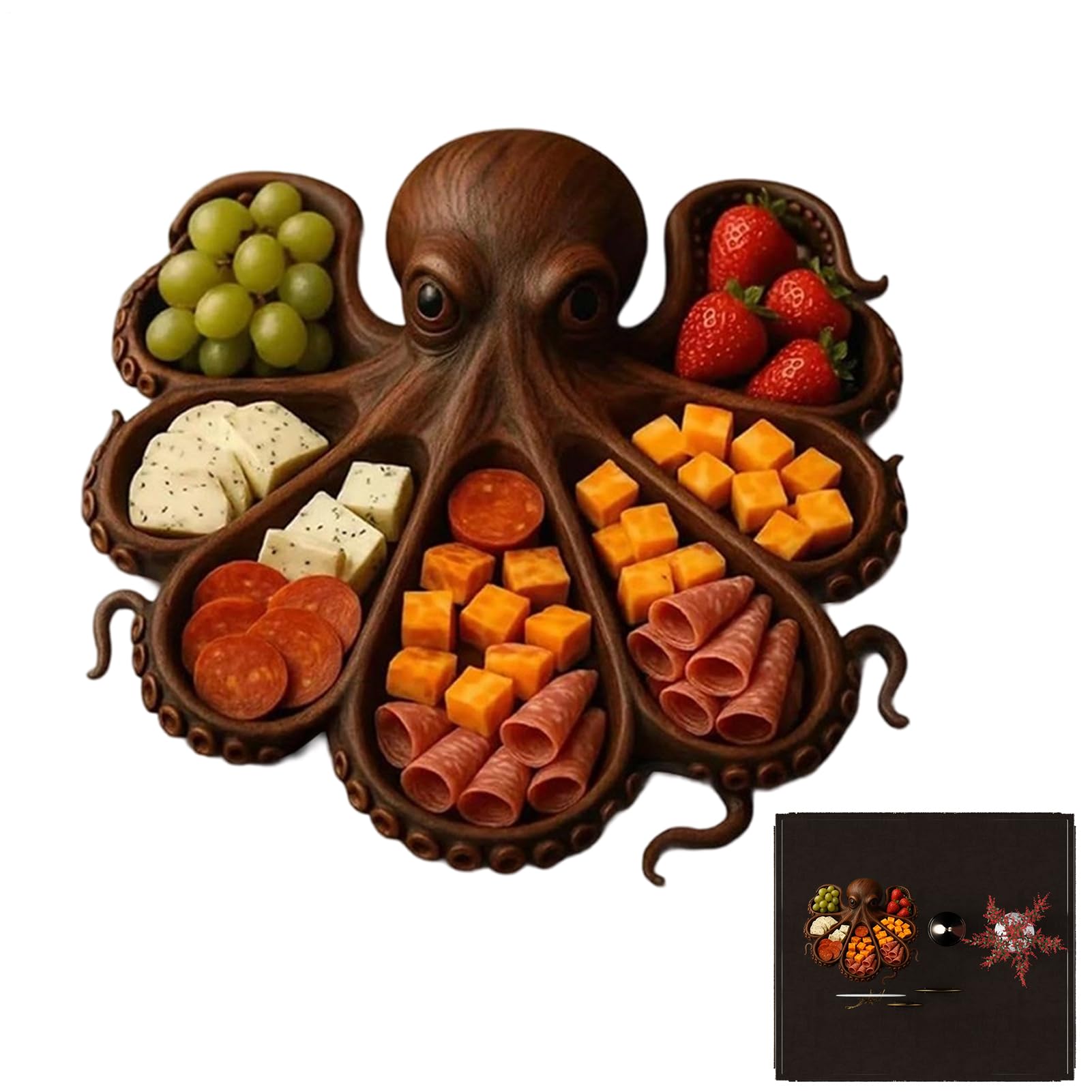 Genérico Bandeja de madera para servir - Diseño único de pulpo, bandeja para embutidos | Bandeja de cocina resistente para quesos, mariscos, picnics, cenas temáticas y entretenimiento al aire libre.