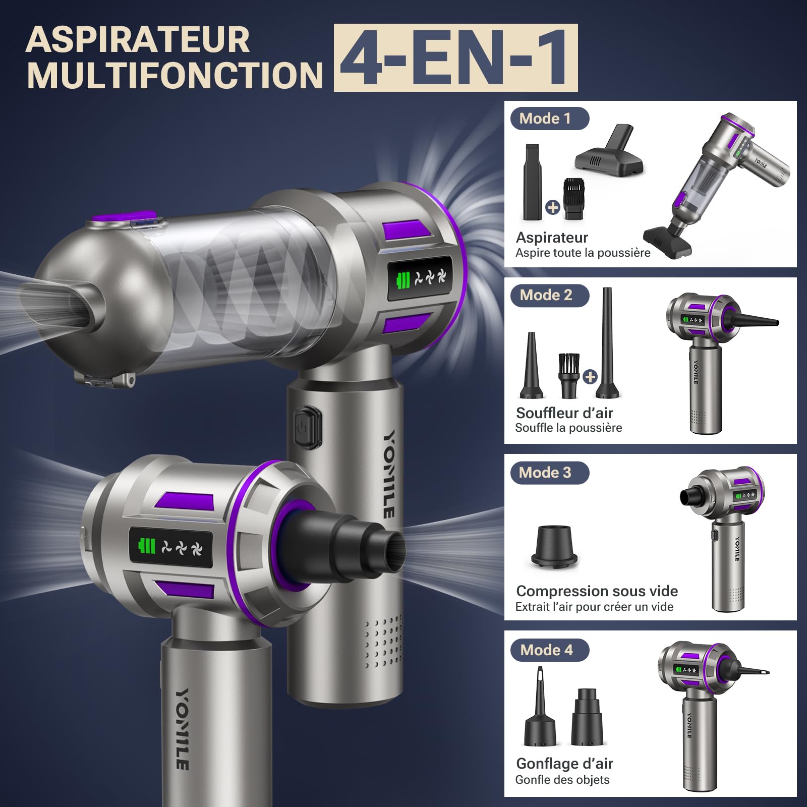 Aspirateur à Main, 27000Pa/135W Mini Aspirateur sans Fil & 250.000 tr/min Aspirateur de Voiture à 3 Vitesses avec Moteur sans Brosse, Aspirateur Voiture Sans Fil Pour Bureau,Maison, Cuisine,Poils