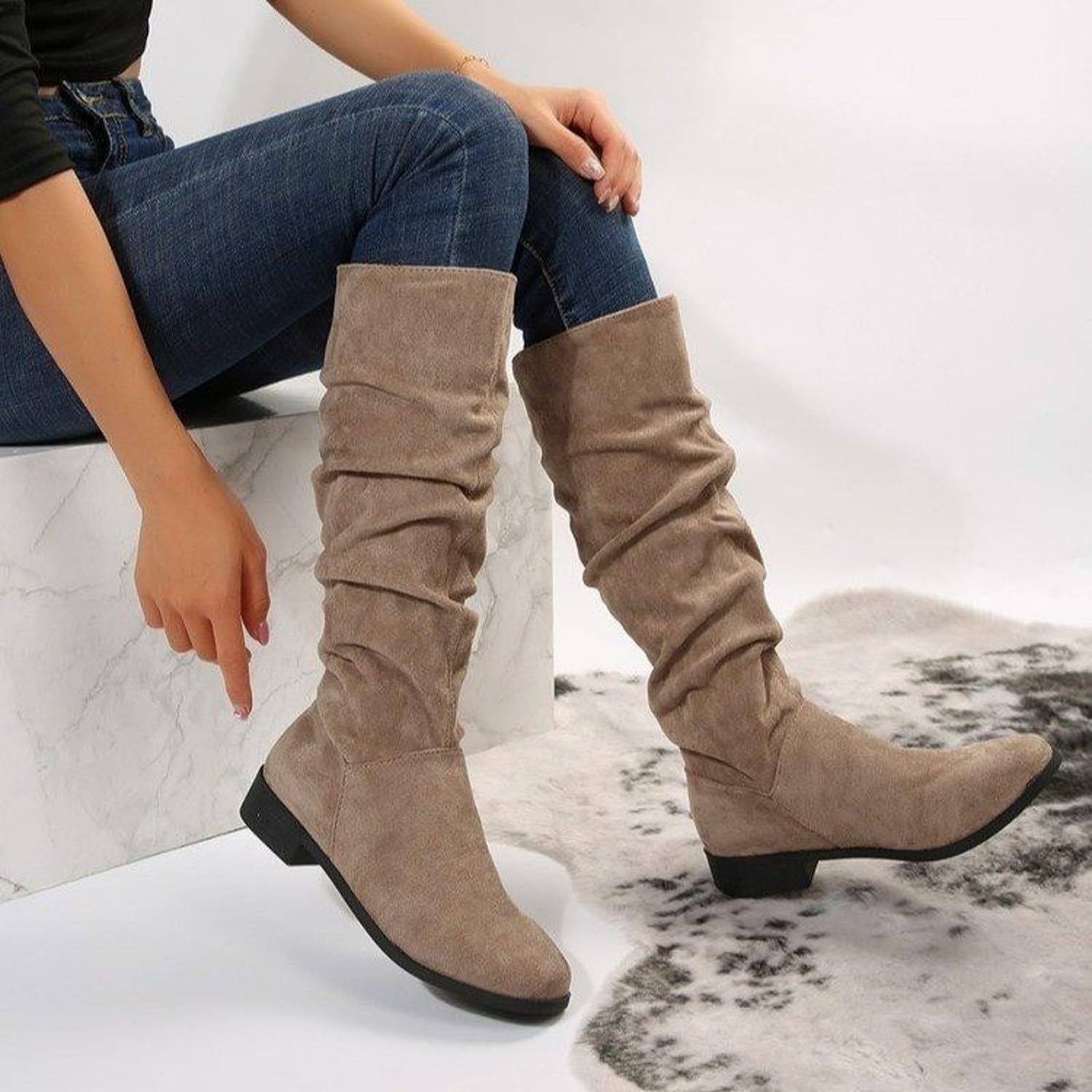 Generisch Bottines pour femme - Style rétro - Couleur unie - En daim - Grandes tailles - Talon bloc - Hauteur de tige moyenne - Bottes d'équitation confortables