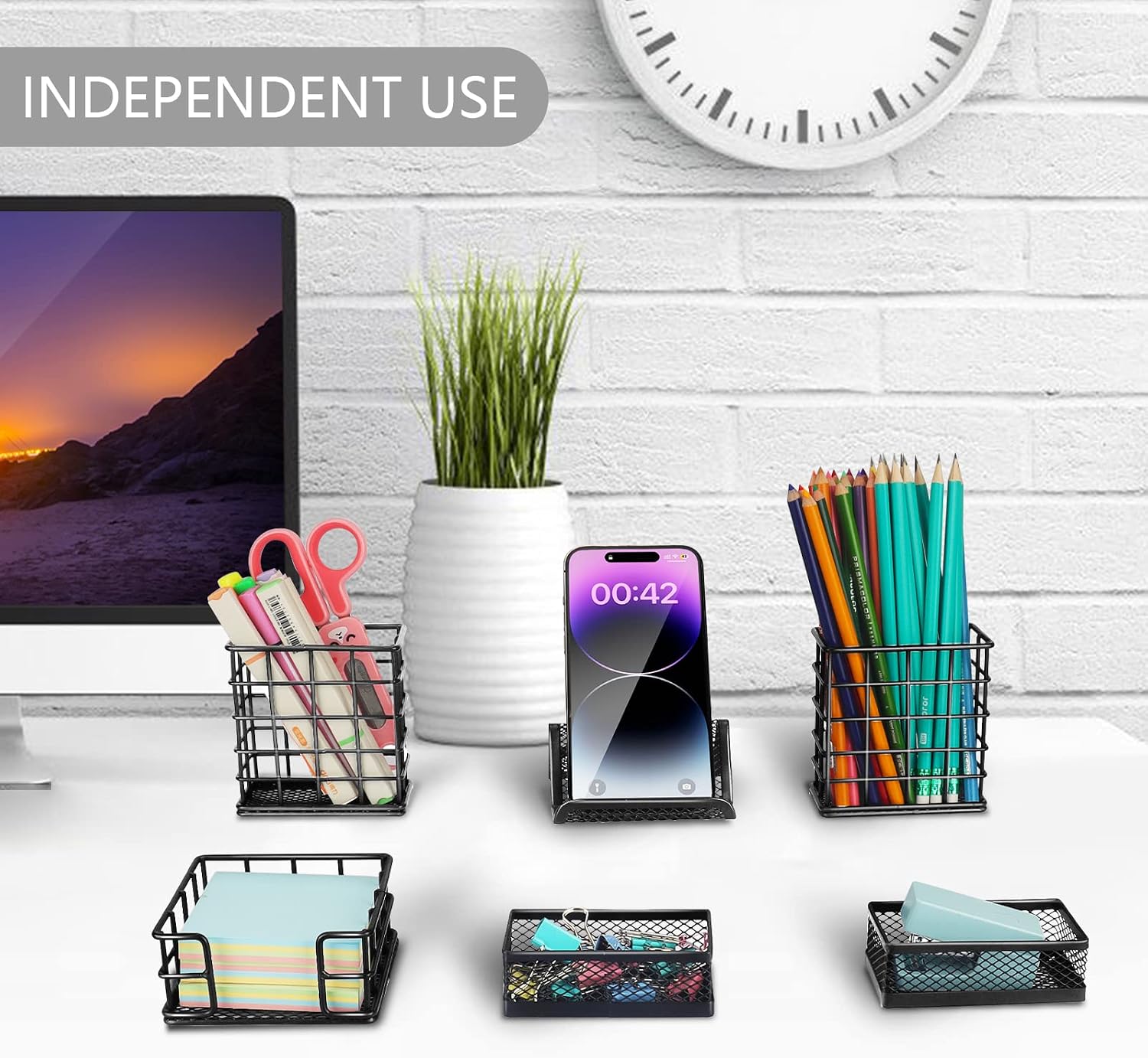 DIY Desk Organizer Office Accessories, Multi-Functional Mesh Desk Organizer with 2 Pen Holder, 2 Paperclip Storage, 1 Phone Holder, 1 Sticky Note Tray and Bottom Tray (Black)