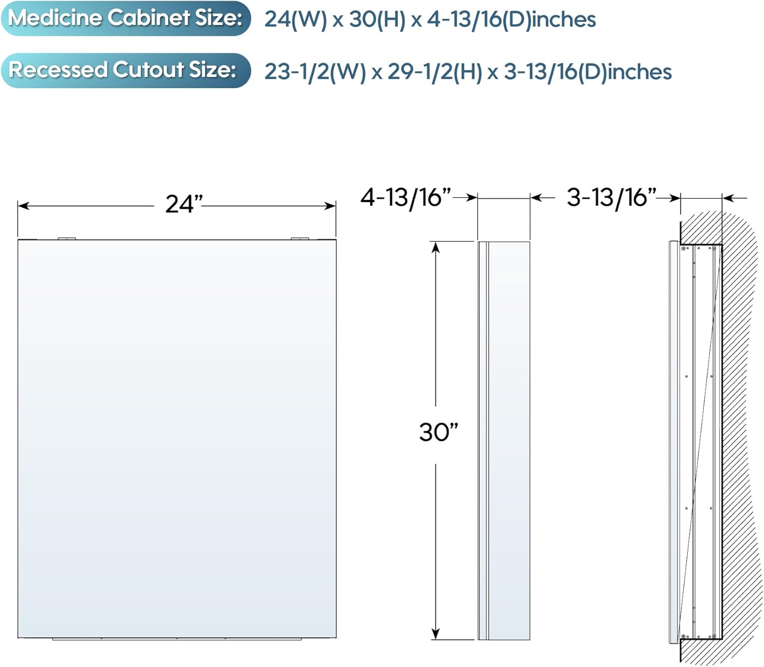 Diagram showing medicine cabinet dimensions for surface mount and recessed cutout
