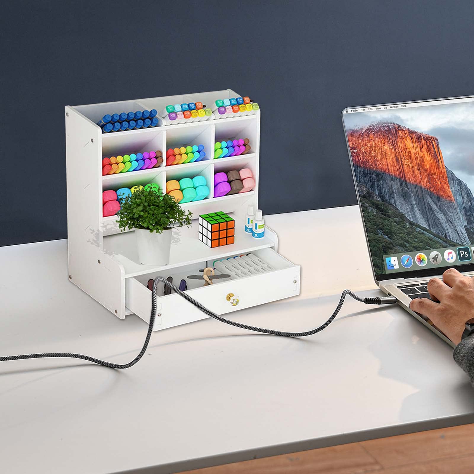 Notwoe Portapenne Da Scrivania Con Cassetto - Organizer Per Penne, Evidenziatori, Bianco - Foto 11