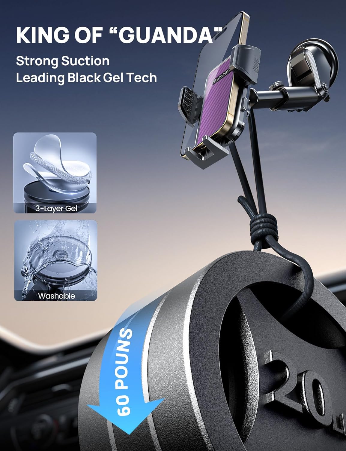 [2025 New] Dashboard Phone Holders for Your Car ( Vent Hook)[Military Grade Stable] Car Cell Phone Holder, Non-Slip Silicone Carbon Fiber Car Phone Mount, Rotatable Suction Cup for All Phone,Purple