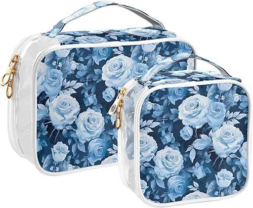 Blue Roses Clear Toiletry Bag for Traveling,2 Pack Makeup Cosmetic Bag with Zipper,Travel Bag for Toiletries,Travel Essentials 21215029