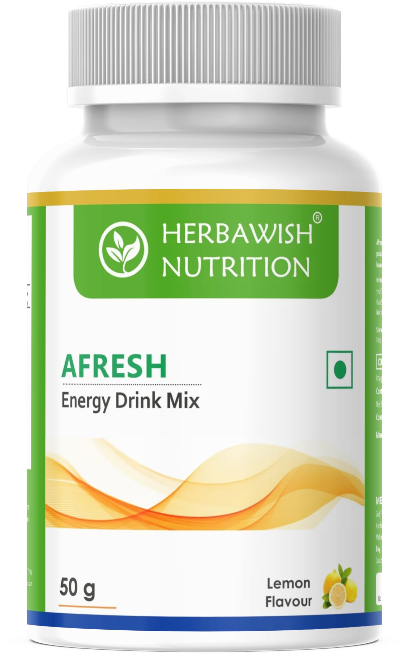 HERBAWISH NUTRITION Afresh Energy Drink Mix with Green Tea Extract, Natural Caffeine, Lemon Flavour, 50g Powder, 50 Servings