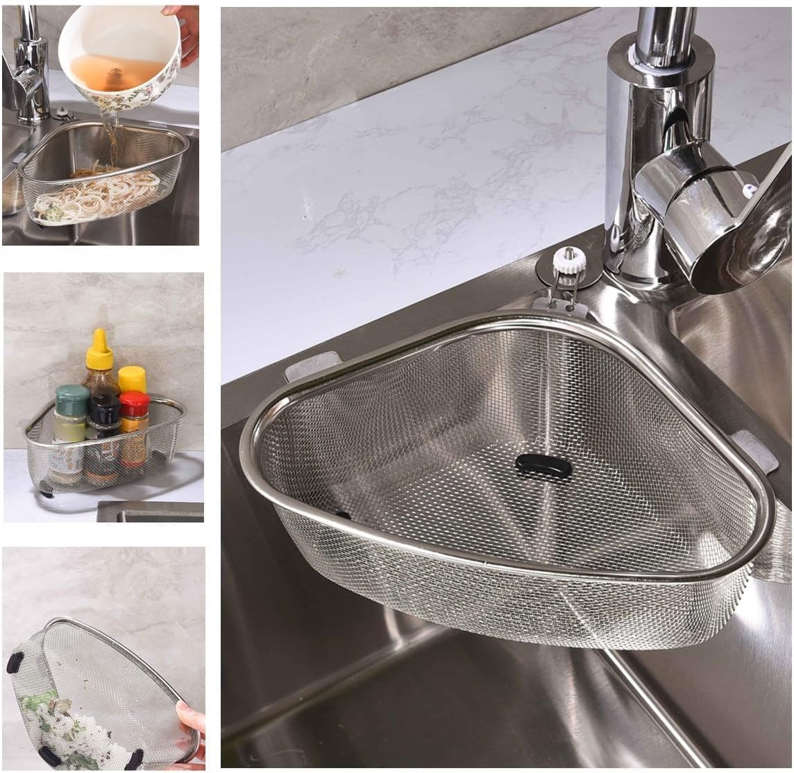 Storn 1 Pcs Stainless Steel Sink Corner Strainer – Triangle Drainer Basket for Kitchen Waste, Vegetable, Fruit & Food Catcher | Multifunctional Kitchen Sink Strainer 1