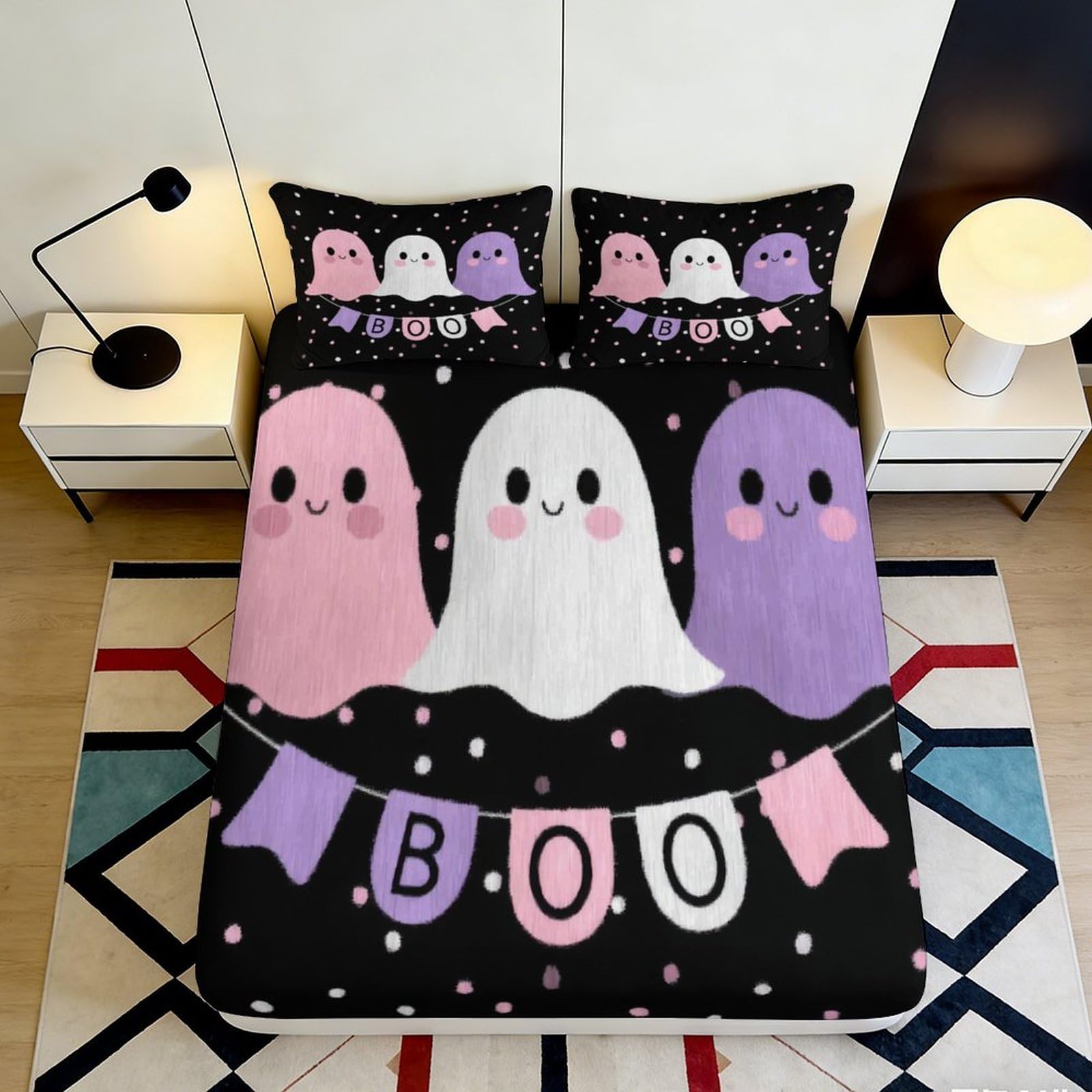 3D Printed Halloween Ghosts Fitted Sheet Microfiber Non-Slip Deep Pocket Bedroom Bedding Decor Ghost Pattern Mattress Fitted Cover, Washable Full Wrap Protection 90x200x25cm