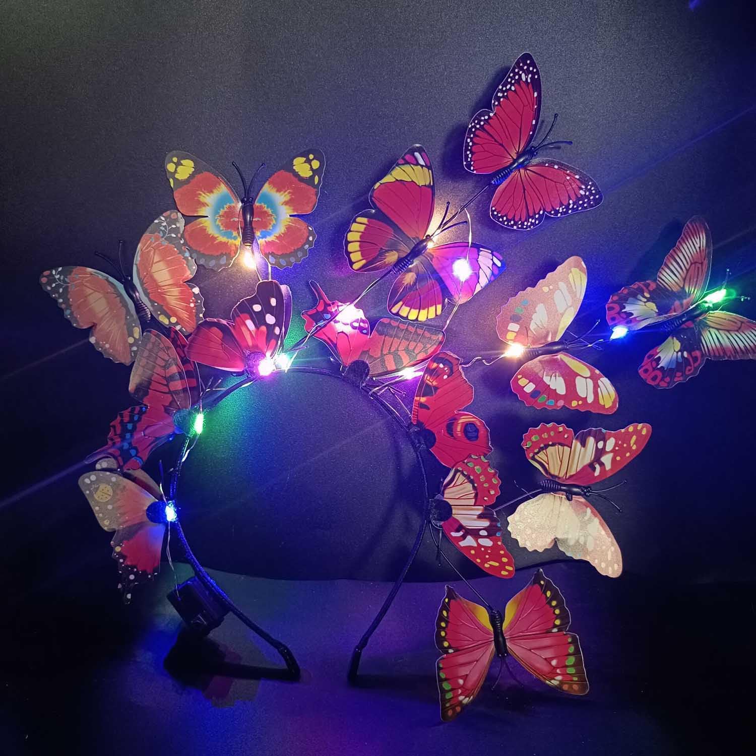 Clataly LED Butterfly Headband Luminous Butterfly Wreath Wedding Party Hairband Photography Props Hair Hoop Hair Accessories for Women Girls (Red)