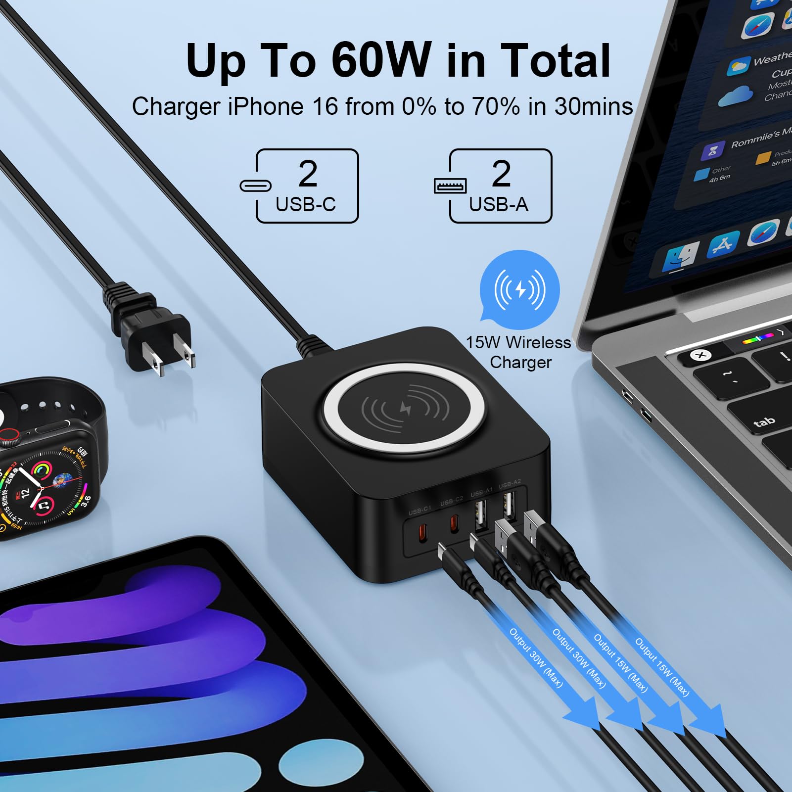 60W USB Charging Station Block with 15W Wireless Charger for Samsung Galaxy S25 Ultra Plus A15 A16 A54 S24 S23 S22 S21, Multi Port Travel Type C Wall Charger Adapter Plug for iPhone 16 15, Pixel 9 pro