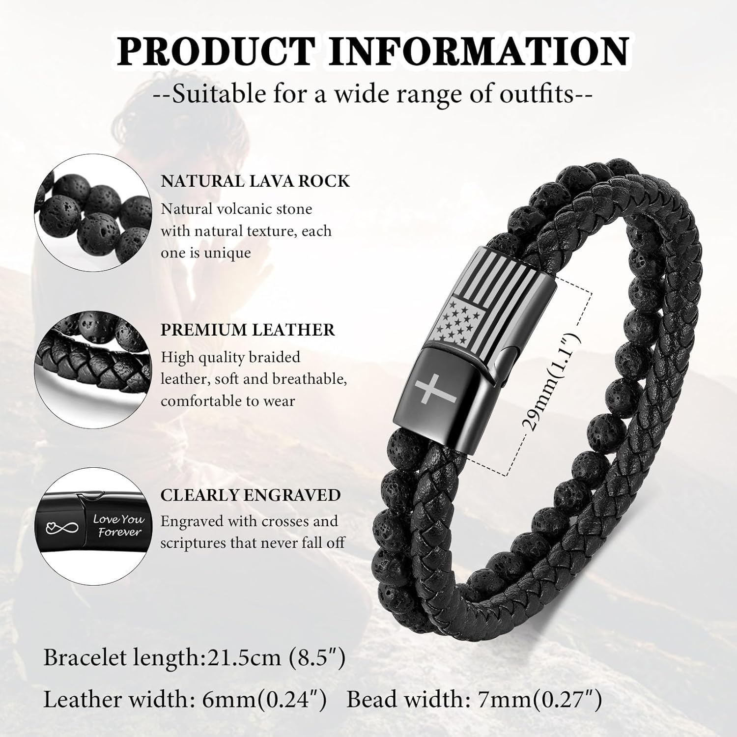 MEALGUET Men's Bracelets Gifts for Men - 2 Layered Lava Rock Beads Braided Leather Bracelets Cross & American Flag Engraved Love Massage for Son Man Husband Boyfriend, Jewelry Gift - Image 3