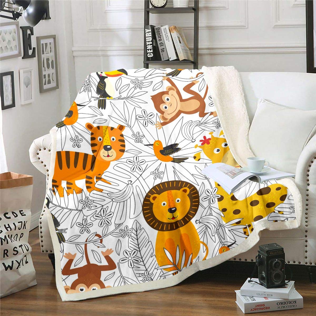 Kinder-Überwurfdecke Mit Tier-Print – Löwe, Tiger, Giraffe & Blätter, Fleece + Sherpa, Weich & Warm, Für Sofa & Bett
