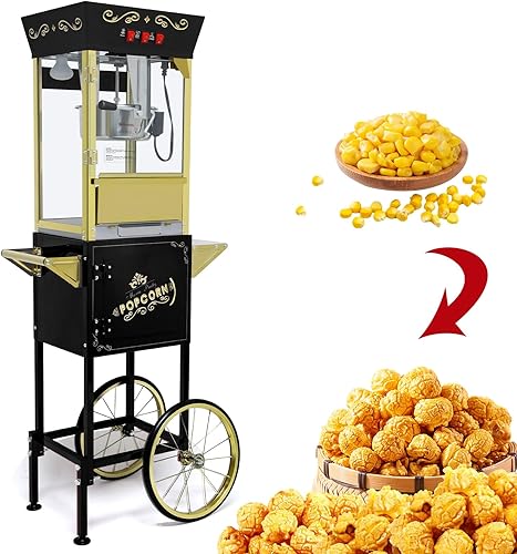 Miniatura 9 de Máquina de palomitas de maíz de 12 onzas con carrito, máquina de palomitas vintage con soporte, ruedas, hervidor de acero inoxidable, cajón de
