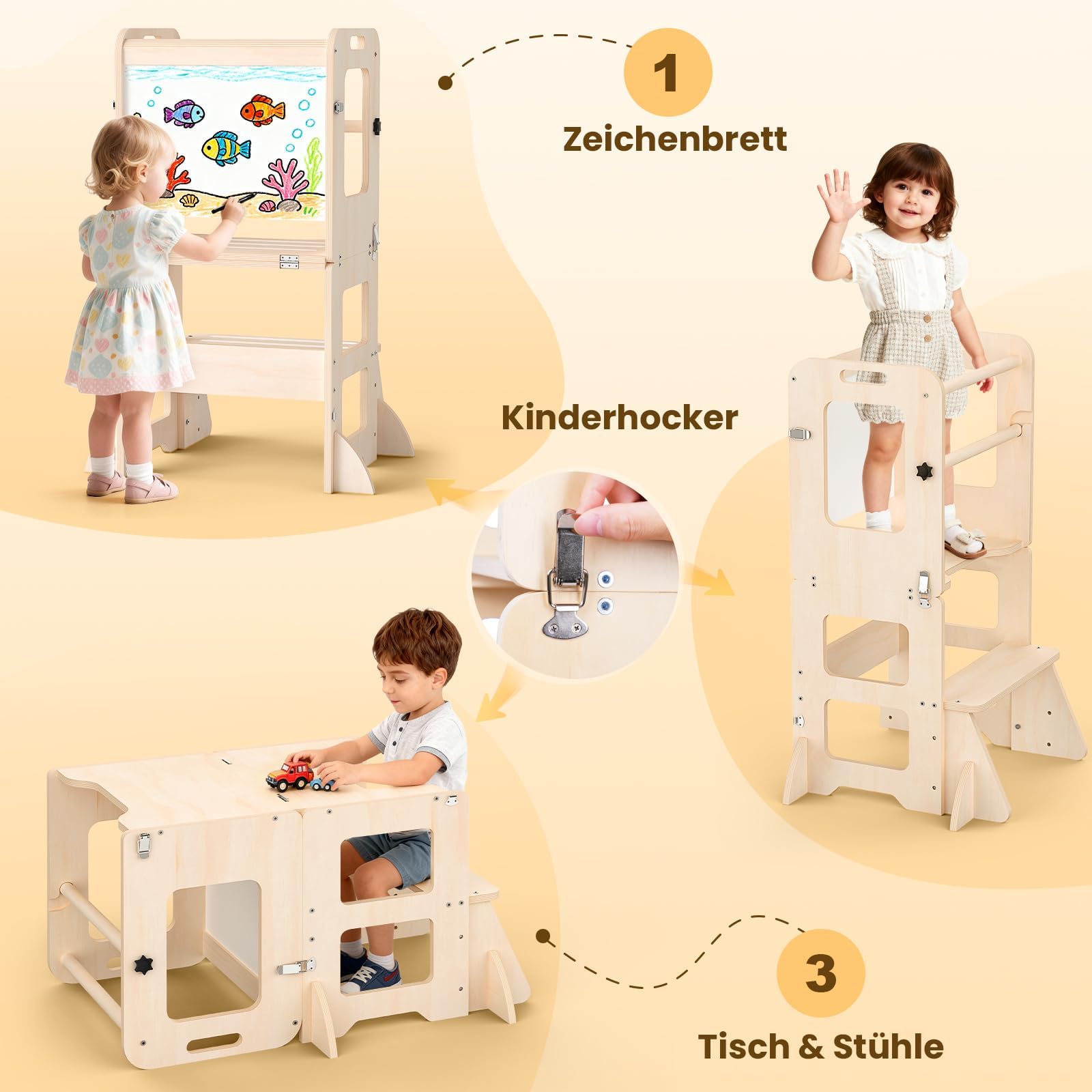 Montessori Lernturm ab 1 Jahr, 4 in 1 Montessori Learning Tower für Kinder mit Rausfallschutz, Lernturm mit Kreidetafel und Whiteboard, Geschenk für Jungen und Mädchen 1-3 Jahre alt