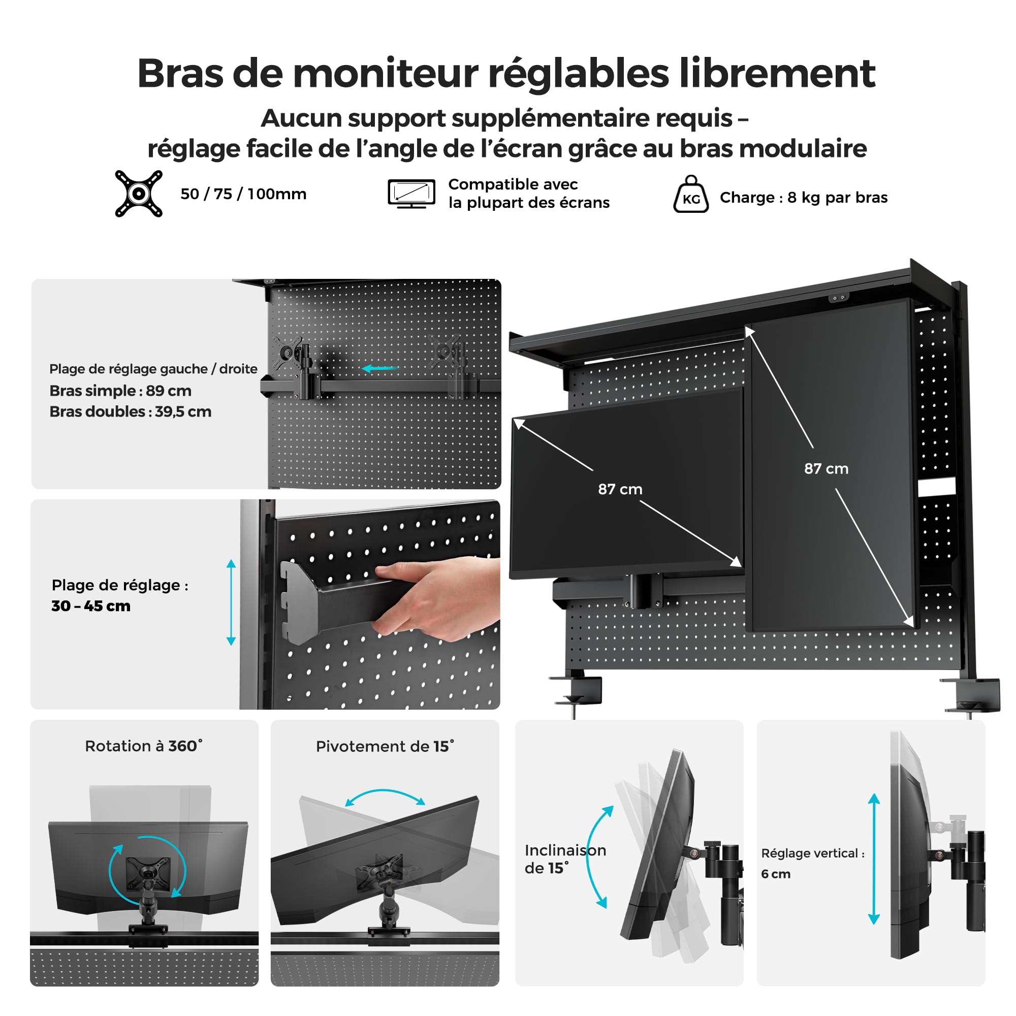 EUREKA ERGONOMIC Desk Pegboard,Panneau perforé en Acier avec Double Support pour écran,Accessoires de Bureau d'ordinateur pour Bureau, 4 Accessoires à Suspendre modulaire,110 × 29 × 86,8 cm, Noir