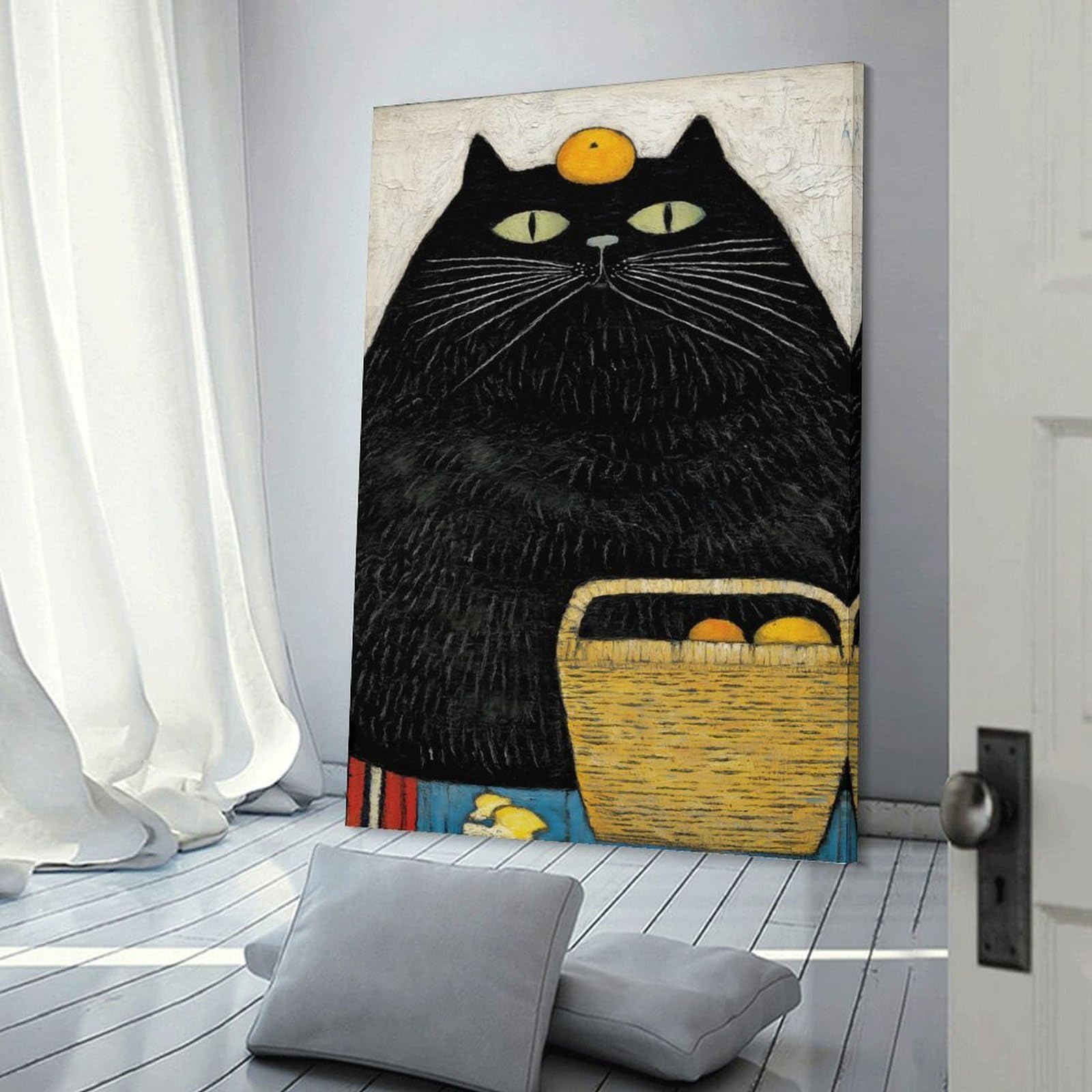 Junmoney Wall Art Print Black Cat with Orange, 12x18inch(30x45cm), for Hallway, Bedroom Or Modern Interiors, Thoughtful Wall Decor for Art Lovers