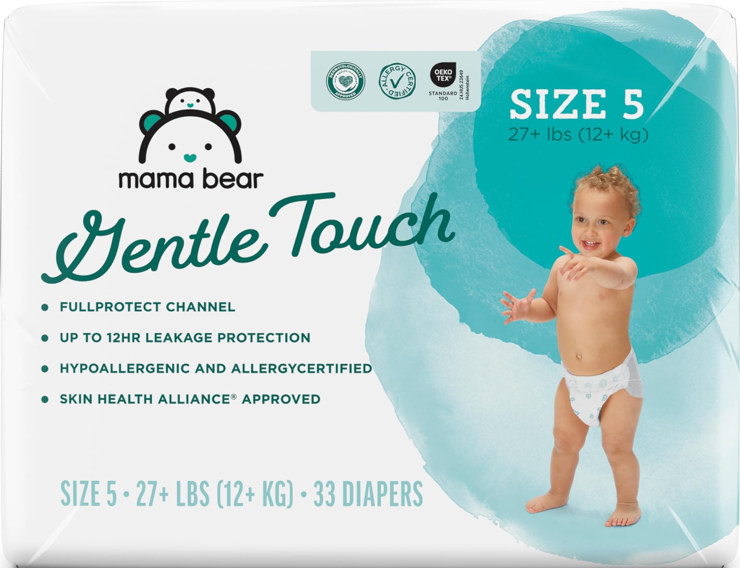 Amazon Brand - Mama Bear Gentle Touch Diapers, Size 5, 33 Count, 12 Hours Protection, Hypoallergenic, Wetness Indicator, Stretchy Waistband