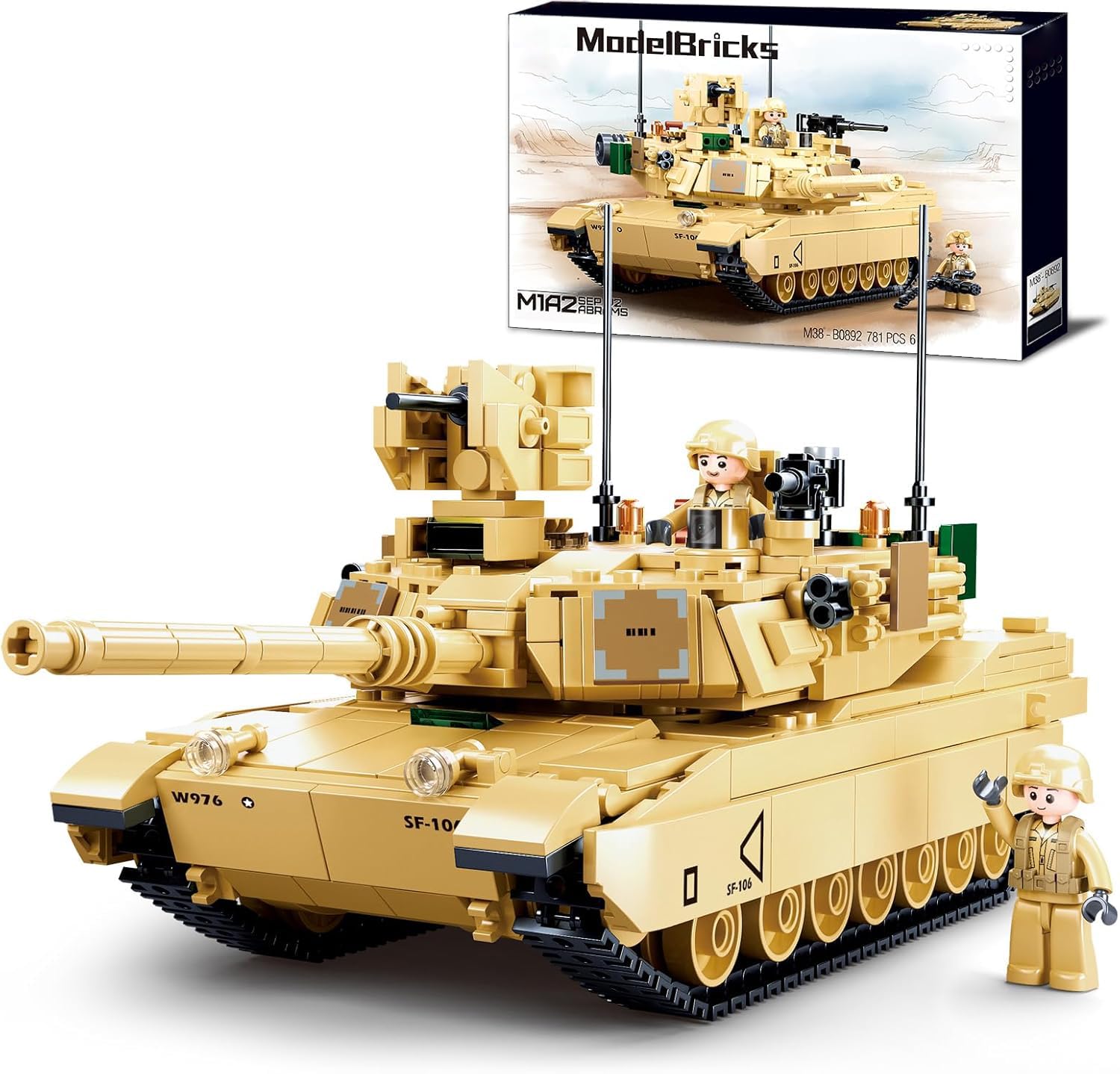 WW2 Army Tank M1A2 Main Battle Tank Military Model Toy Kits, Inspired M1A2 Abrams Brick Building Set, Including 2 Soldier Minifigures, Gifts for 6-12 Year Old Kids, Compatible with Lego, 781 PCS1