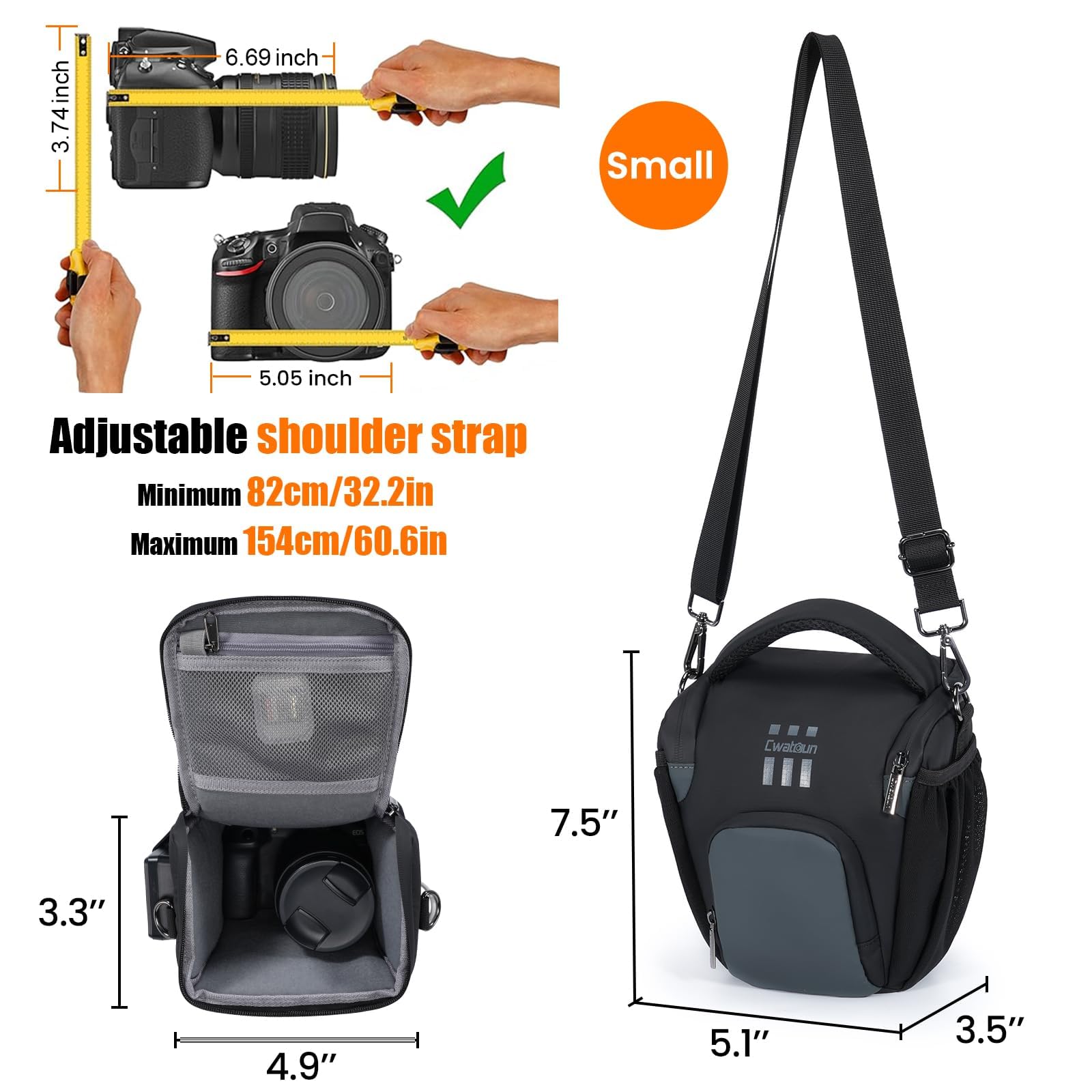 Cwatcun Kameratasche, SLR Schultertasche Tasche, Schultertasche für DSLR-Kameras für Canon/Nikon/Sony, mit schnell zugänglichem, gepolstertem Fach, leichte, Schwarze Digitalkameratasche (S)