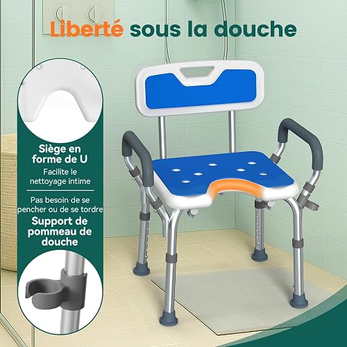 Luckfaith Chaise de Douche Réglable avec Accoudoirs – Siège de Douche Antidérapant en Forme de U avec Dossier et Accoudoirs Rembourrés, Tabouret de Bain Léger pour Seniors et Personnes Handicapées - 4