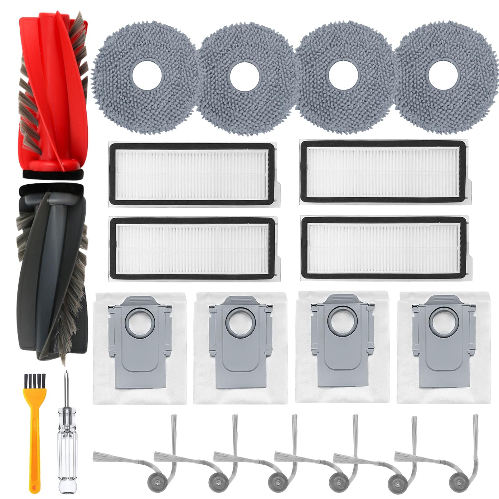 Zubehör Ersatzteil für Roborock Qrevo Curve/für Roborock Qrevo Edge Staubsauger, 1 Paar Hauptbürste, 4 Hepa Filter, 4 Staubbeutel, 4 Wischpads, 6 Seitenbürsten, 1 Bürste, 1 Schraubendreher 22 Stück