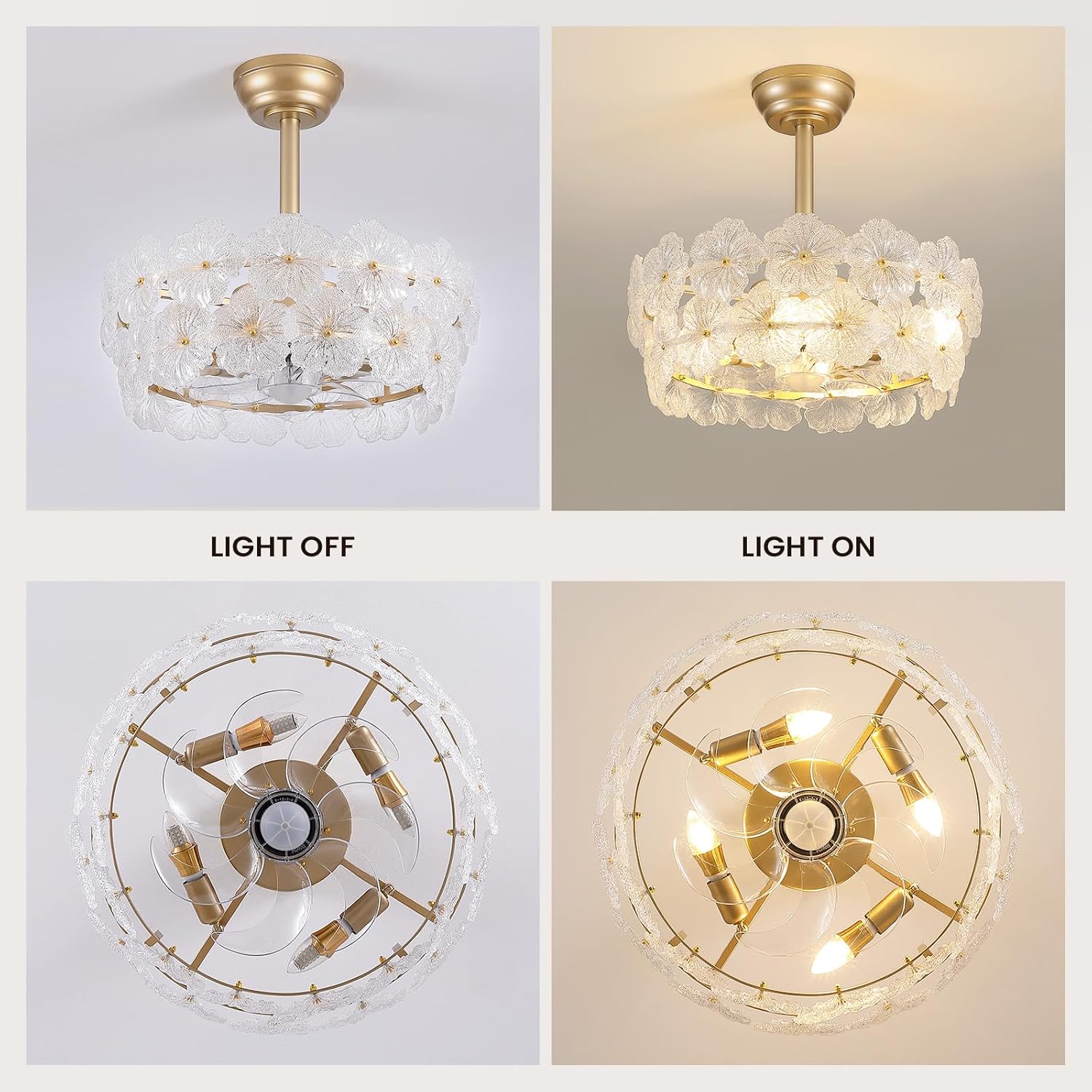 NOXARTE 20" Gold Crystal Fandelier Ceiling Fans with Lights, Gold Flower Chandelier Ceiling Fan with Light and Remote, Multi-Tier Caged Ceiling Fan with 6 Speeds for Living Room, Bedroom, Nursery