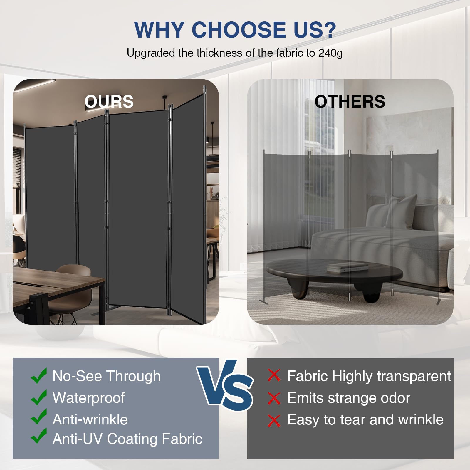 Grezone 4 Panel Folding Privacy Screens, Folding Privacy Screen for Office, Partition Room Separators, Freestanding Room Fabric Panel (Grey)