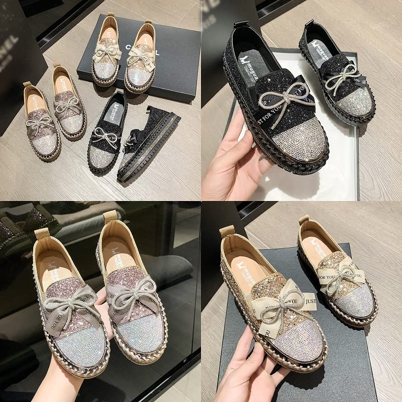 KCTRFSJ Women's Rhinestones Glitter Bow Platform Sneaker,Handmade Flat Casual Slip On Loafers,Comfort Low Top Walking Shoes4